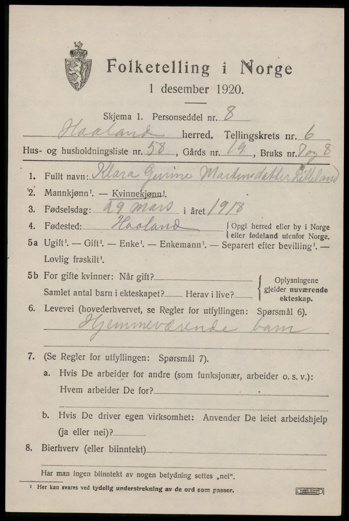 SAST, 1920 census for Håland, 1920, p. 5691