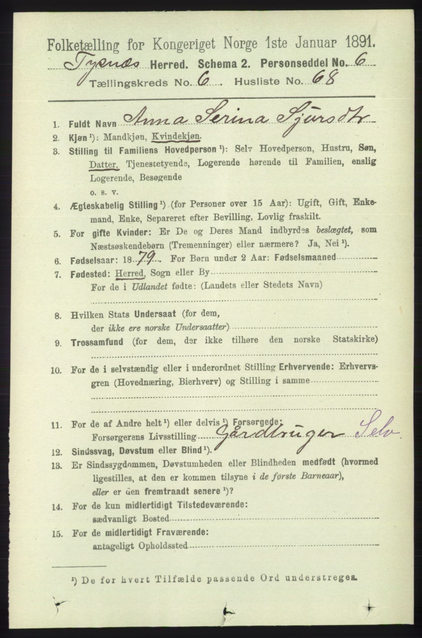 RA, 1891 census for 1223 Tysnes, 1891, p. 2754