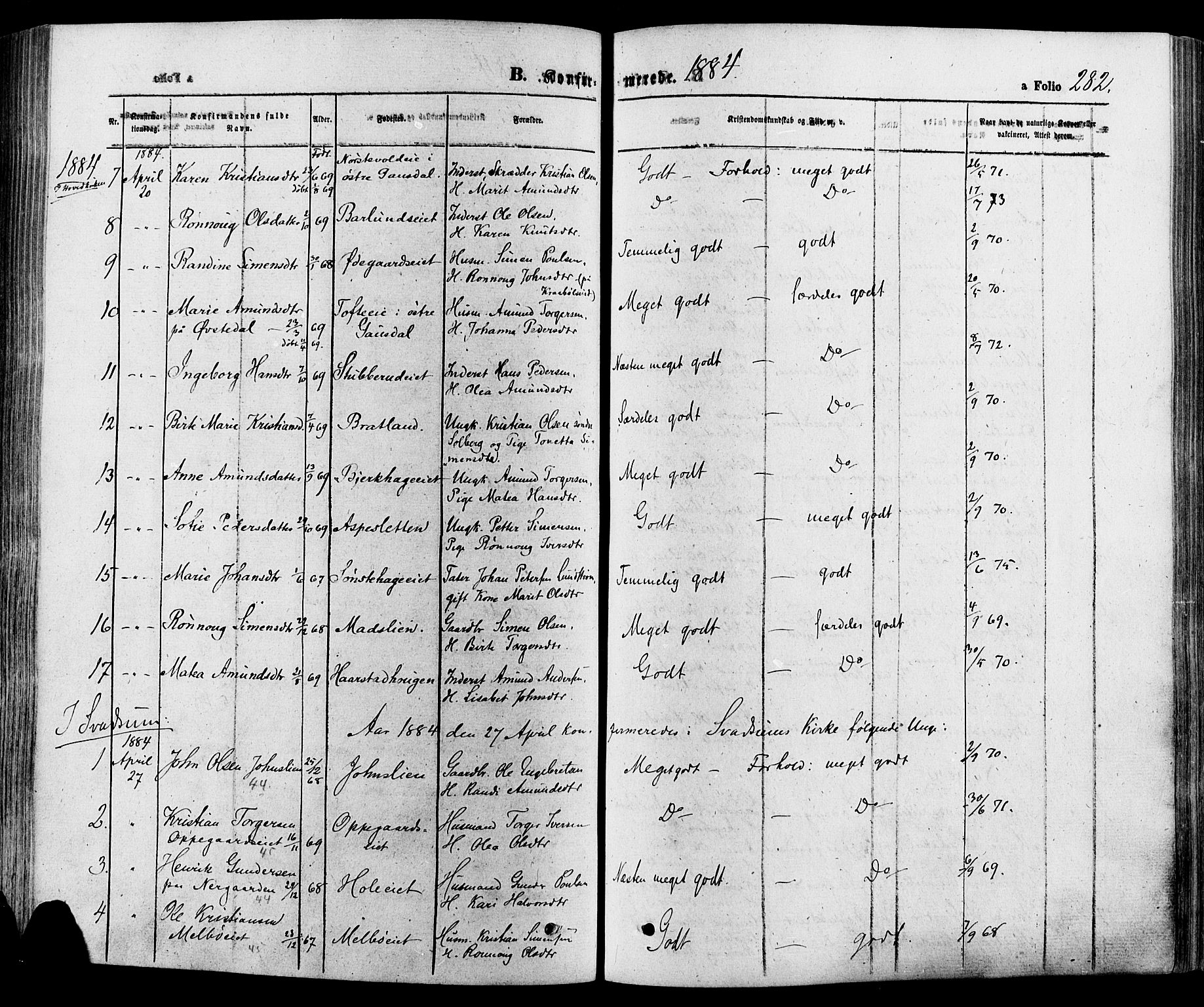 Gausdal prestekontor, AV/SAH-PREST-090/H/Ha/Haa/L0010: Parish register (official) no. 10, 1867-1886, p. 282