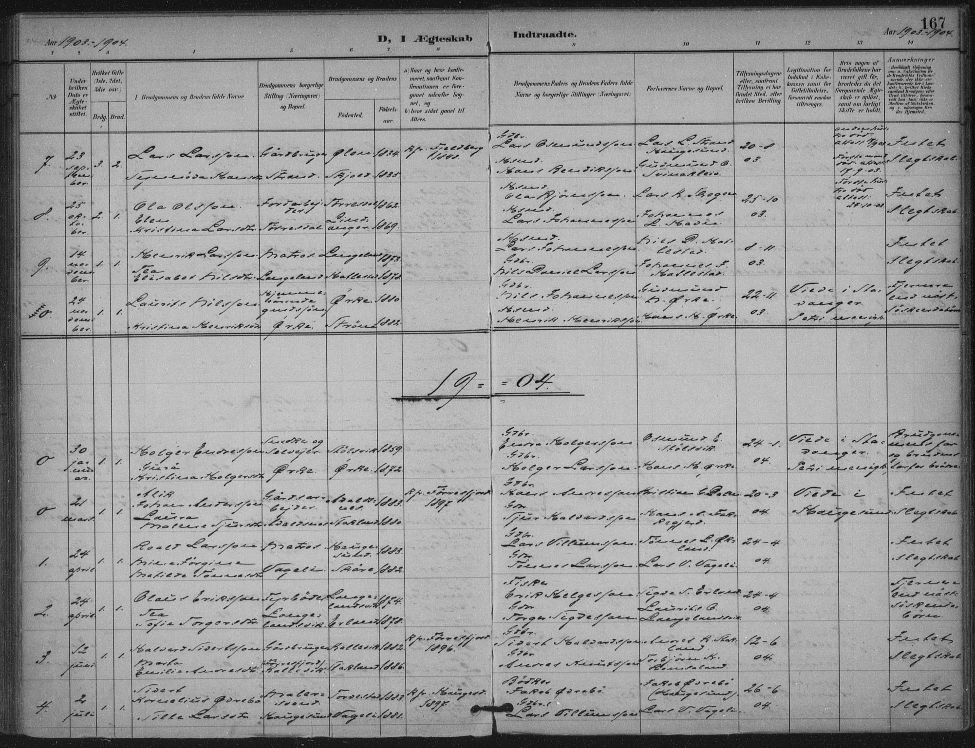 Skjold sokneprestkontor, SAST/A-101847/H/Ha/Haa/L0011: Parish register (official) no. A 11, 1897-1914, p. 167