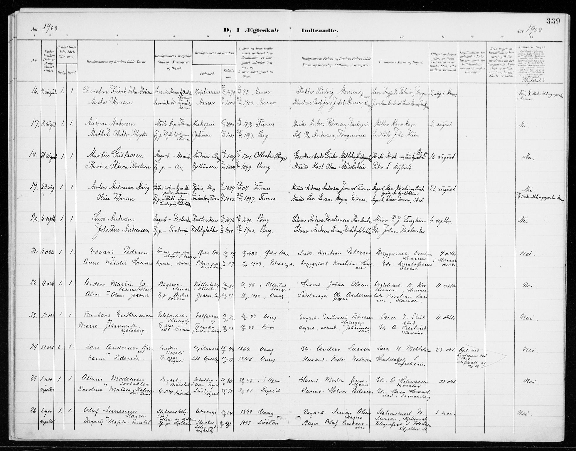 Vang prestekontor, Hedmark, SAH/PREST-008/H/Ha/Haa/L0021: Parish register (official) no. 21, 1902-1917, p. 339