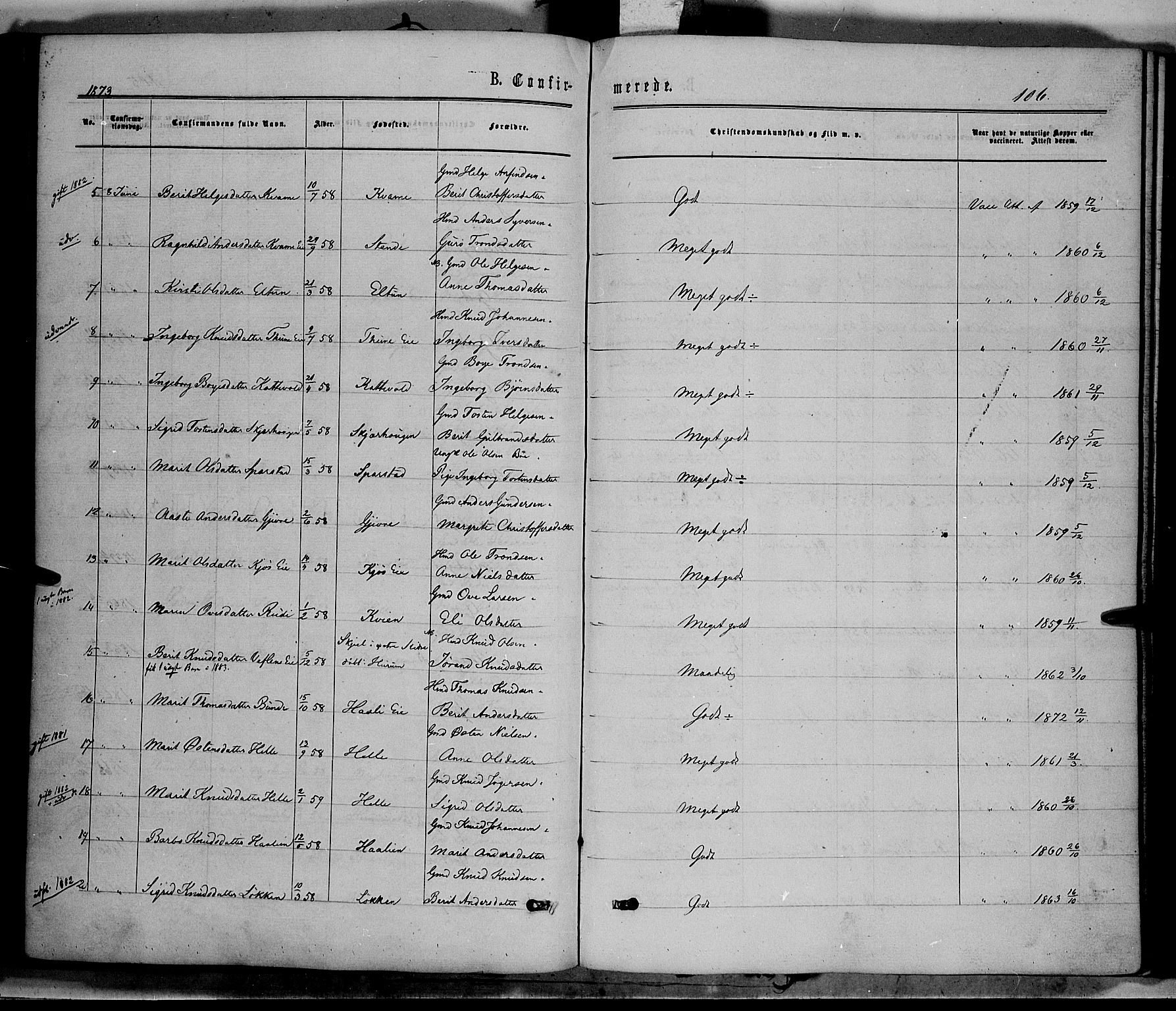 Vang prestekontor, Valdres, SAH/PREST-140/H/Ha/L0007: Parish register (official) no. 7, 1865-1881, p. 106
