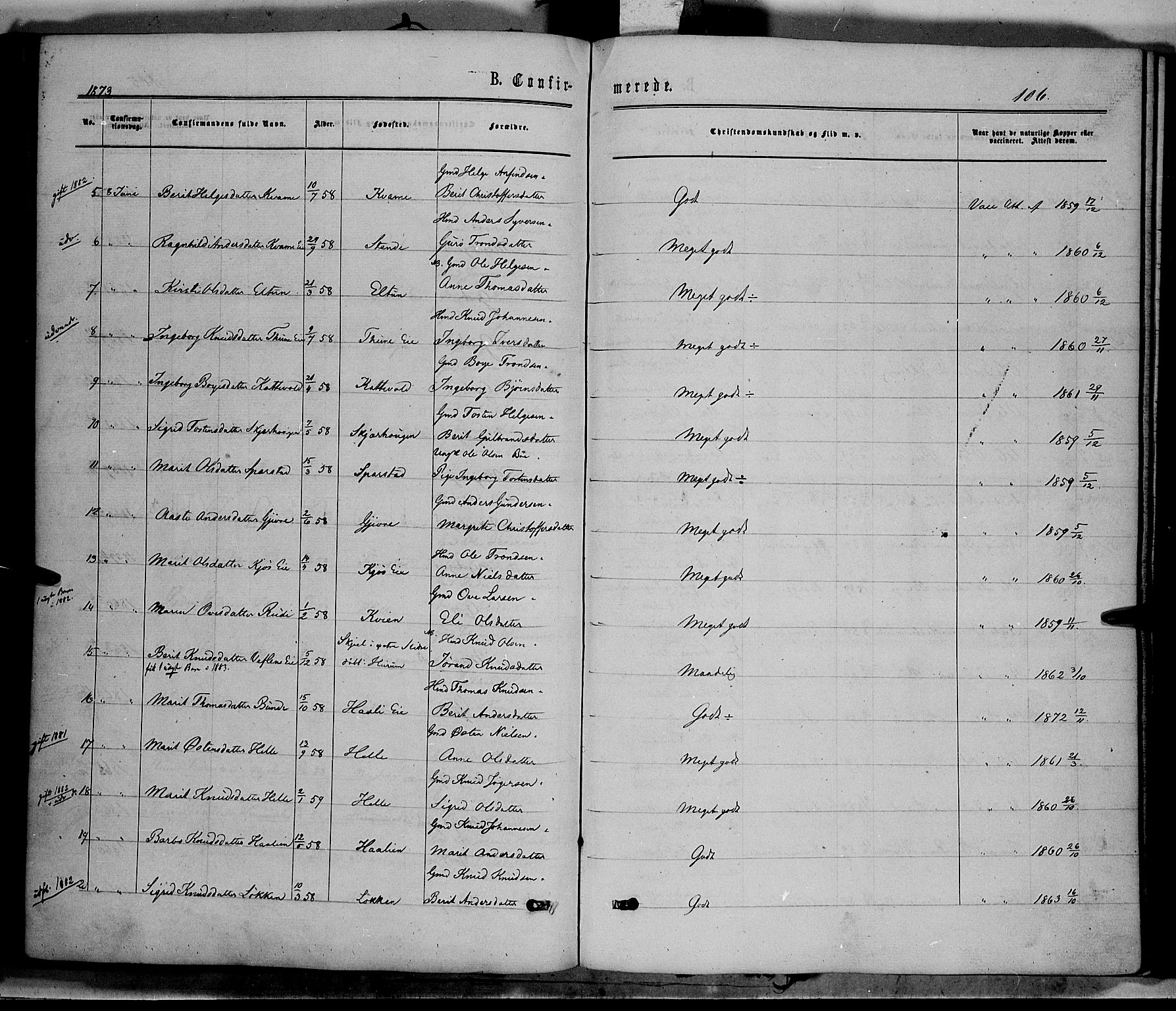 Vang prestekontor, Valdres, AV/SAH-PREST-140/H/Ha/L0007: Parish register (official) no. 7, 1865-1881, p. 106