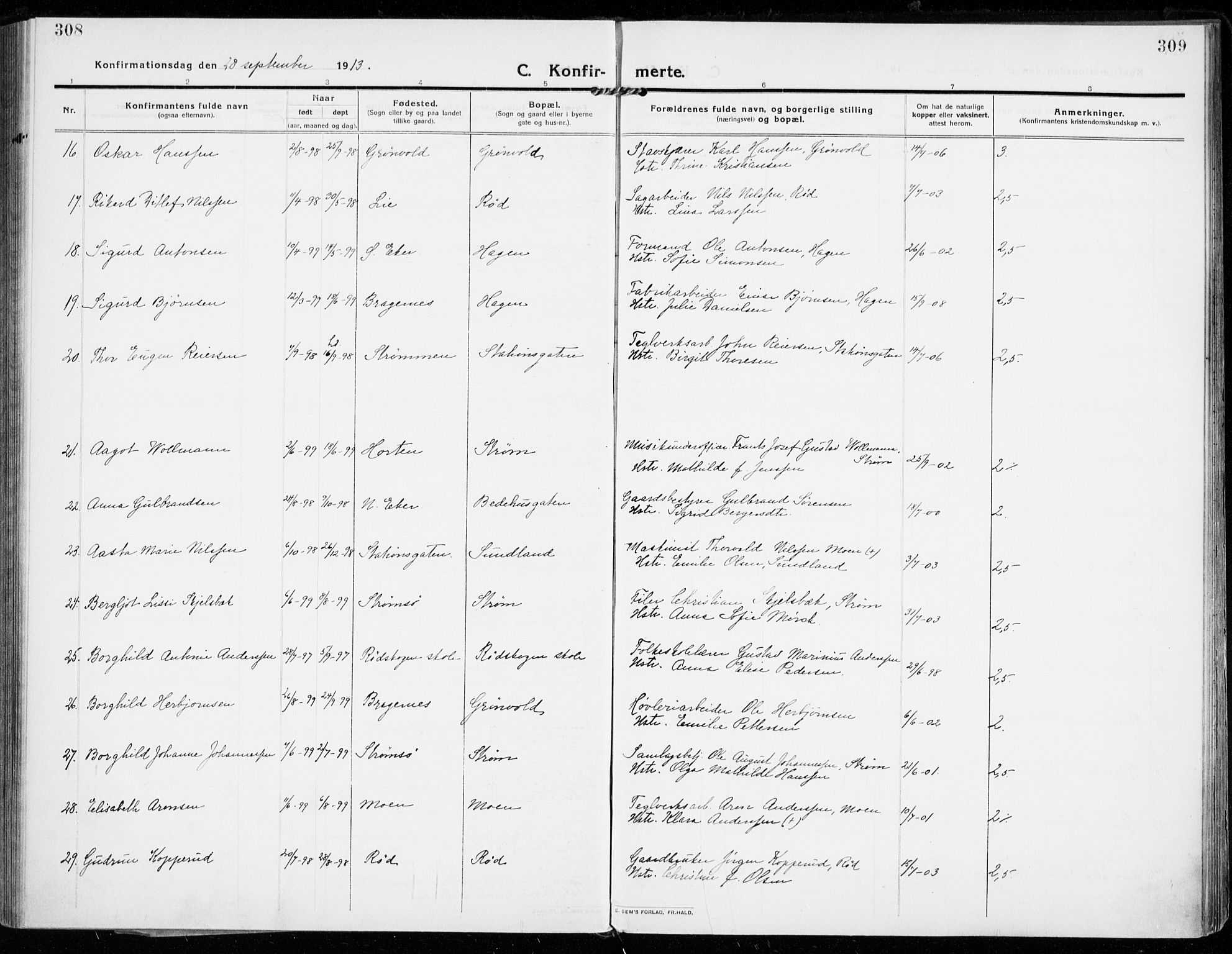 Strømsgodset kirkebøker, AV/SAKO-A-324/F/Fa/L0002: Parish register (official) no. 2, 1910-1920, p. 308-309