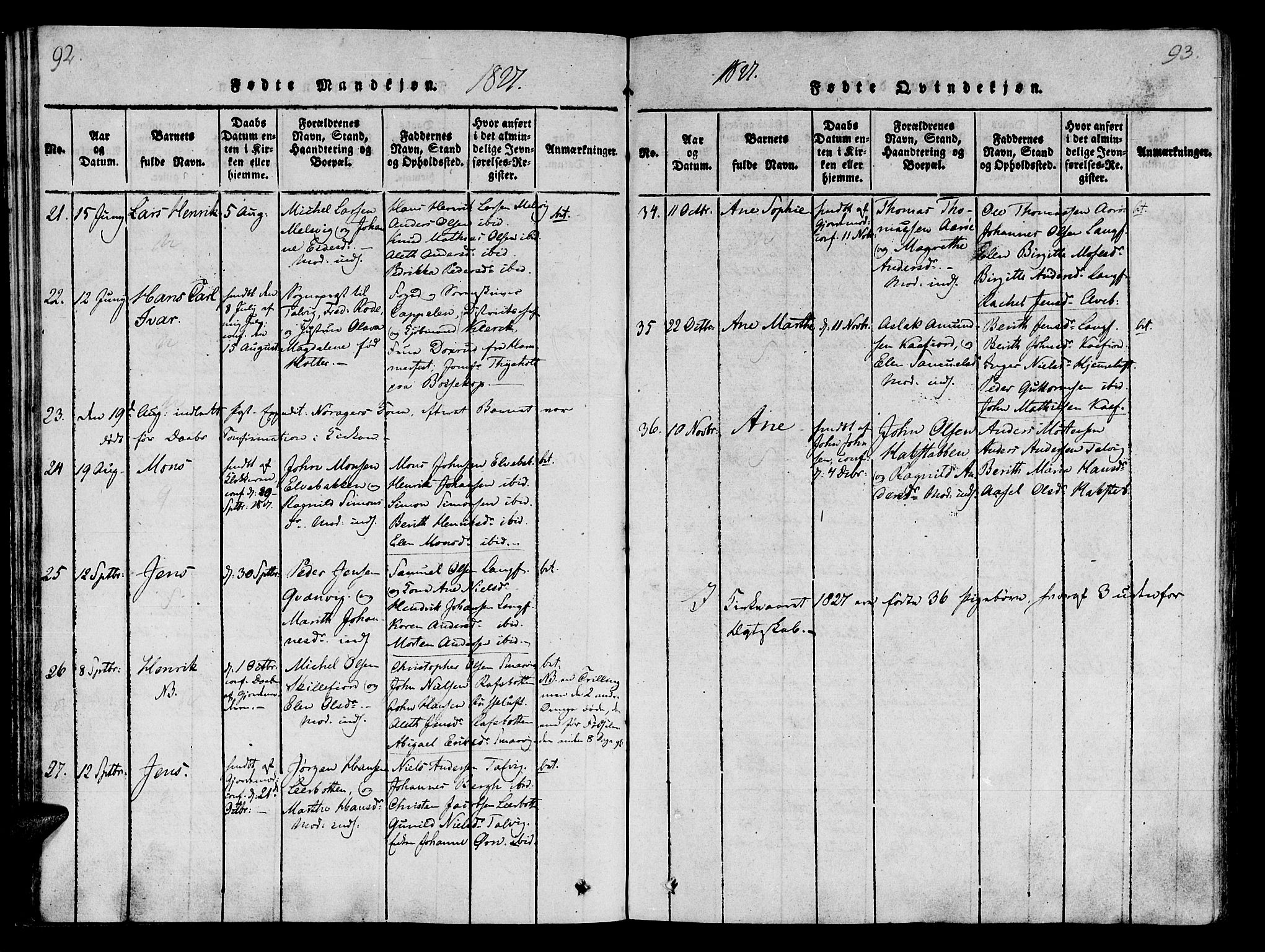 Talvik sokneprestkontor, AV/SATØ-S-1337/H/Ha/L0008kirke: Parish register (official) no. 8, 1821-1837, p. 92-93