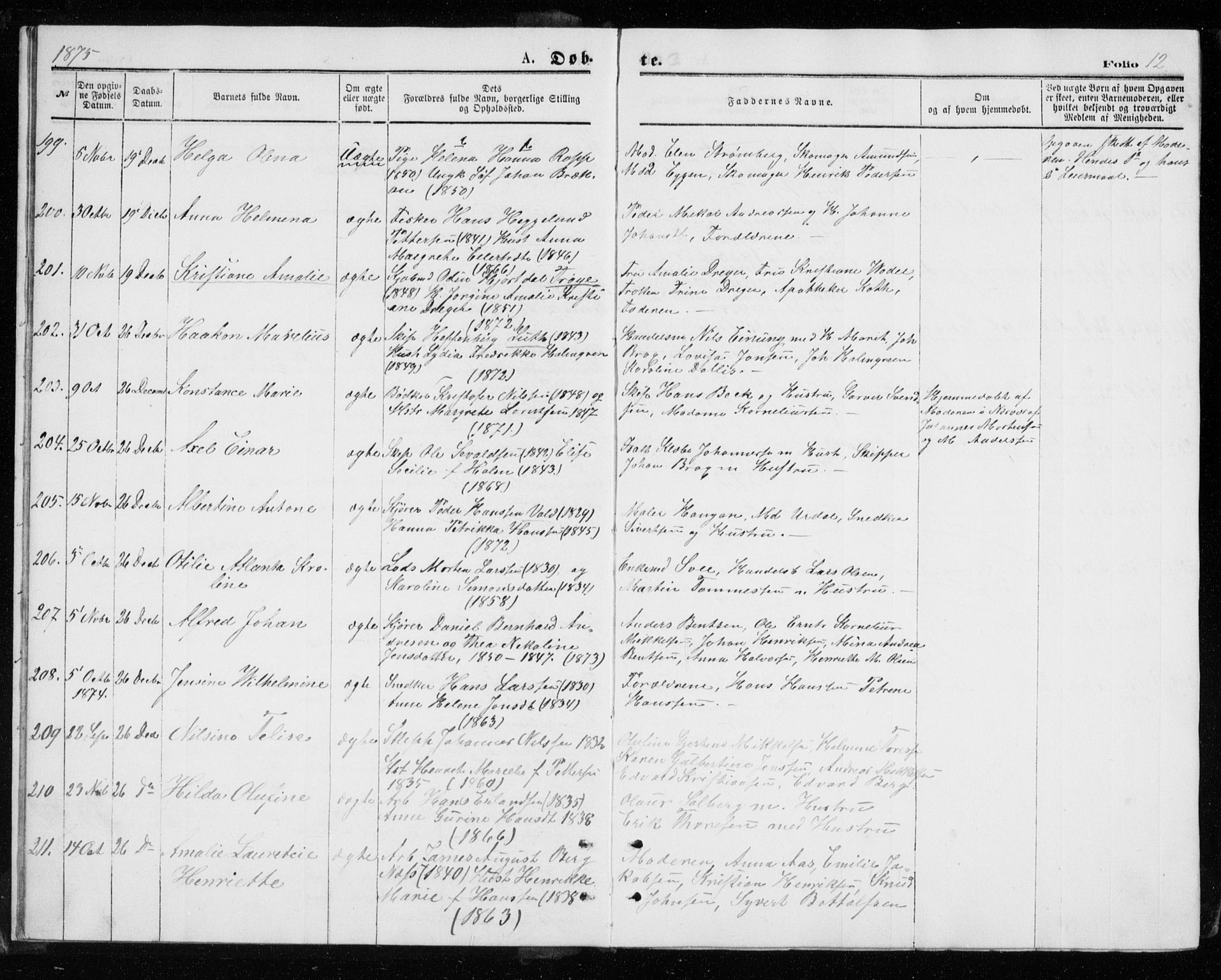 Tromsø sokneprestkontor/stiftsprosti/domprosti, AV/SATØ-S-1343/G/Gb/L0008klokker: Parish register (copy) no. 8, 1875-1879, p. 12