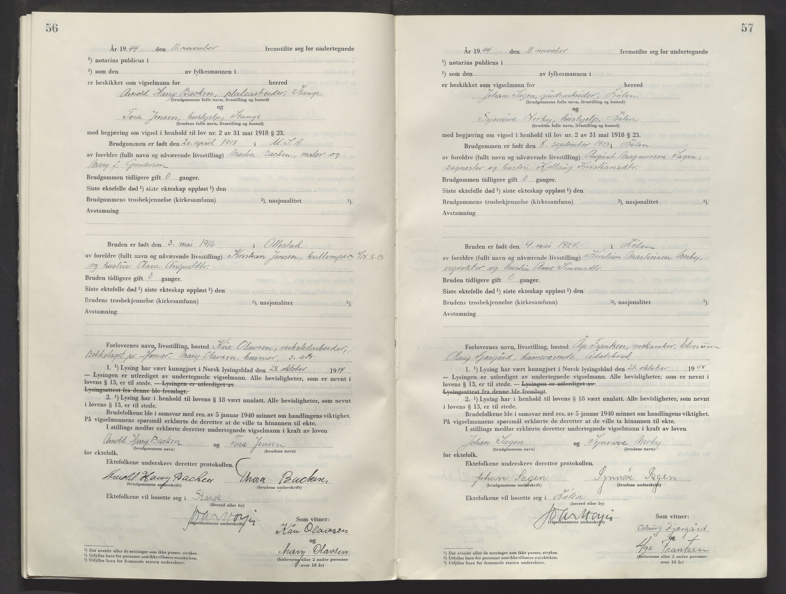 Sør-Hedmark sorenskriveri, AV/SAH-TING-014/L/Le/L0002/0001: Vigselsbøker / Vigselbok, 1944-1945, p. 56-57