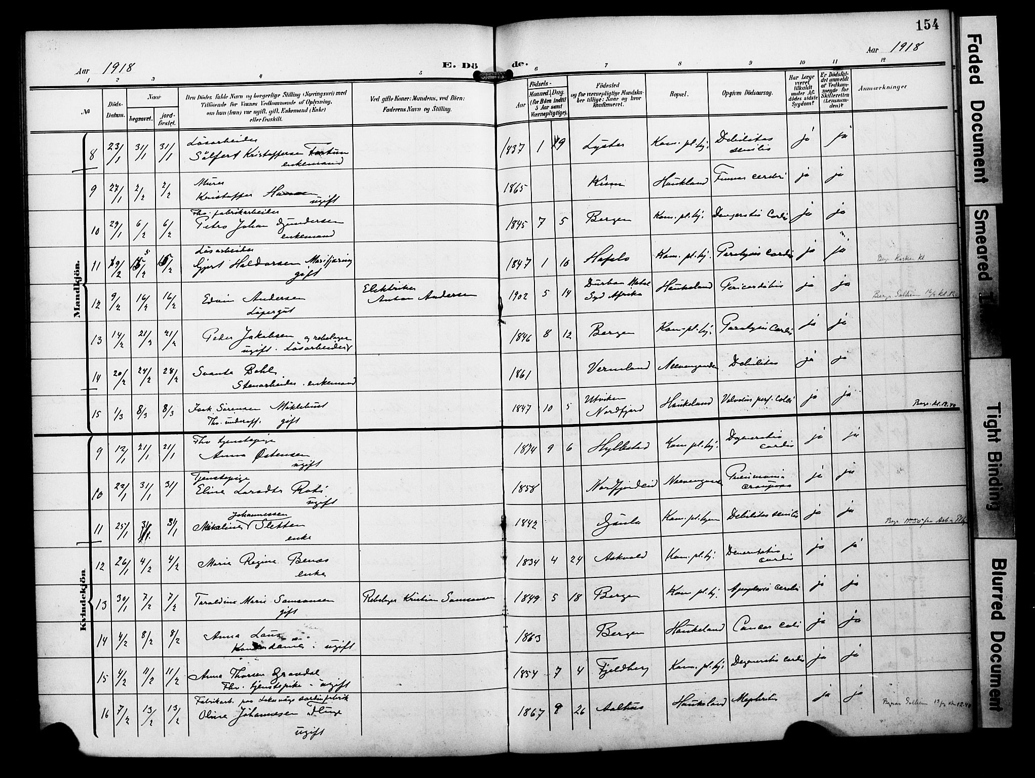 Bergen kommunale pleiehjem - stiftelsespresten, AV/SAB-A-100281: Parish register (official) no. A 6, 1908-1920, p. 154