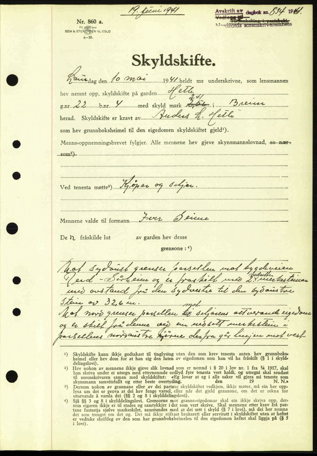 Nordfjord sorenskriveri, AV/SAB-A-2801/02/02b/02bj/L0006: Mortgage book no. A6, 1940-1941, Diary no: : 834/1941