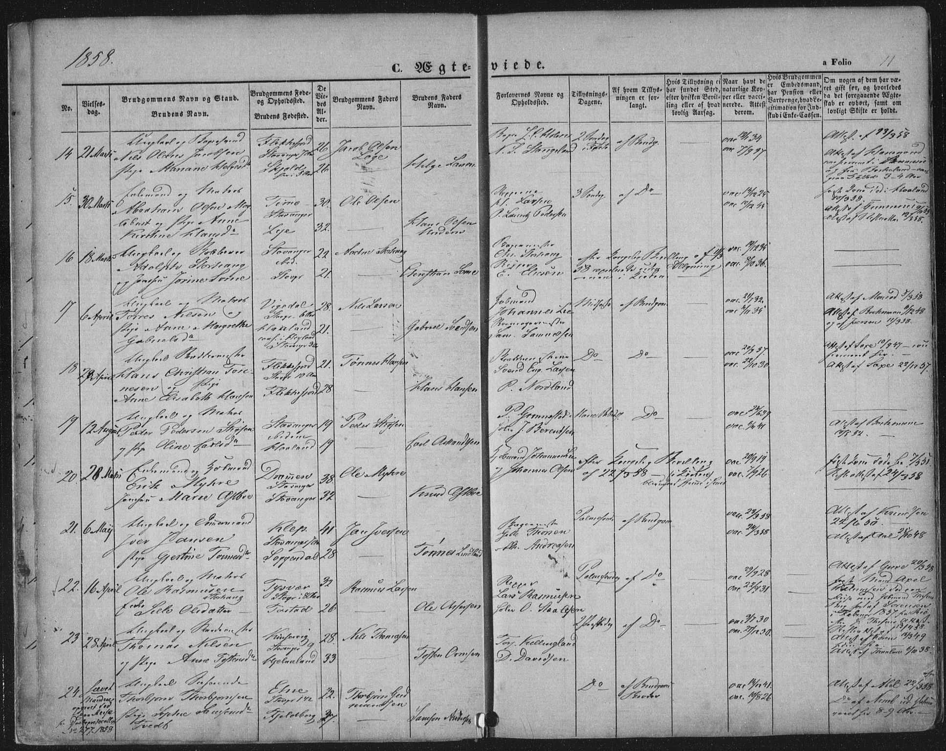 Domkirken sokneprestkontor, AV/SAST-A-101812/001/30/30BA/L0019: Parish register (official) no. A 18, 1857-1877, p. 11