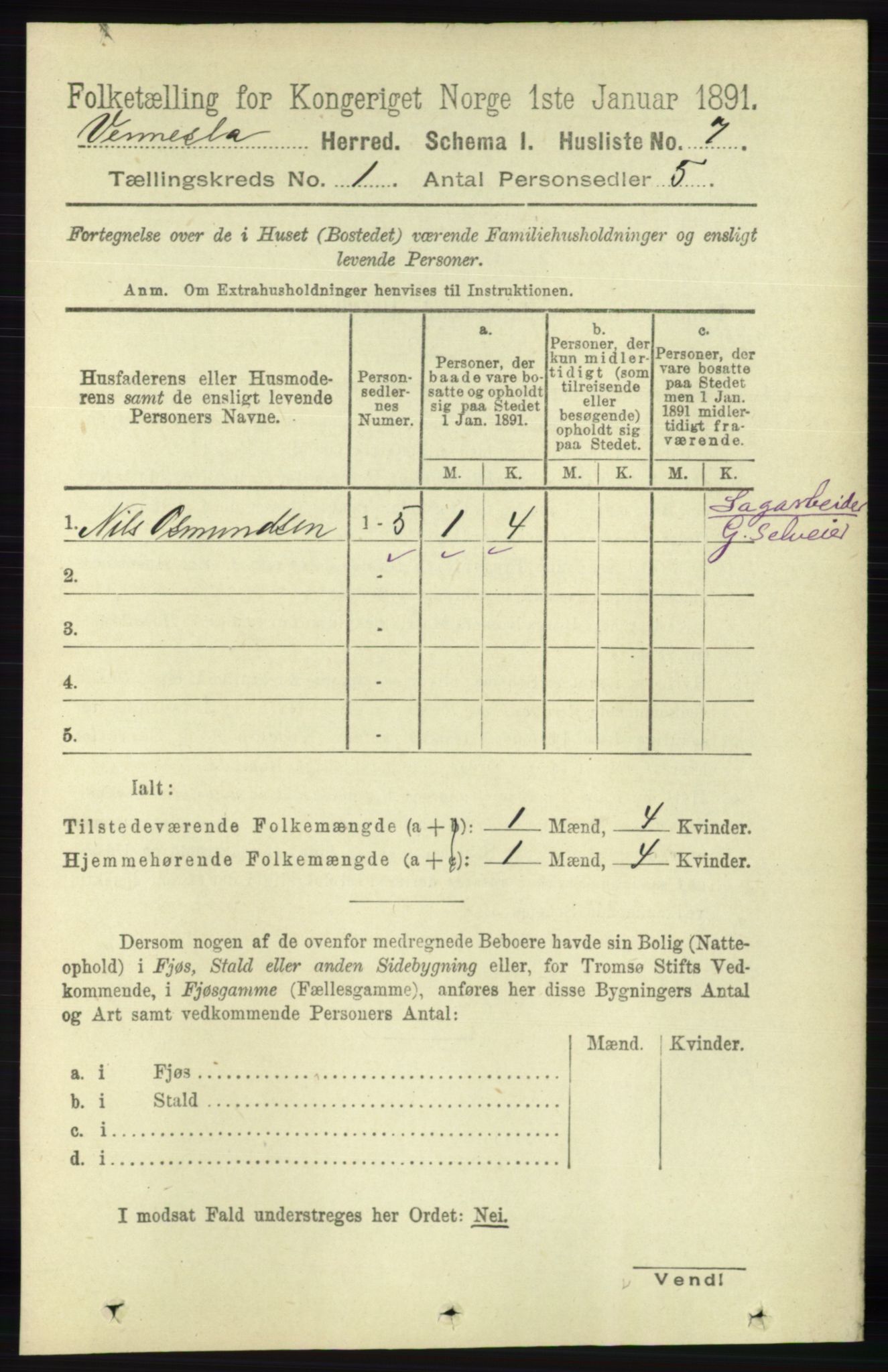 RA, 1891 census for 1014 Vennesla, 1891, p. 23