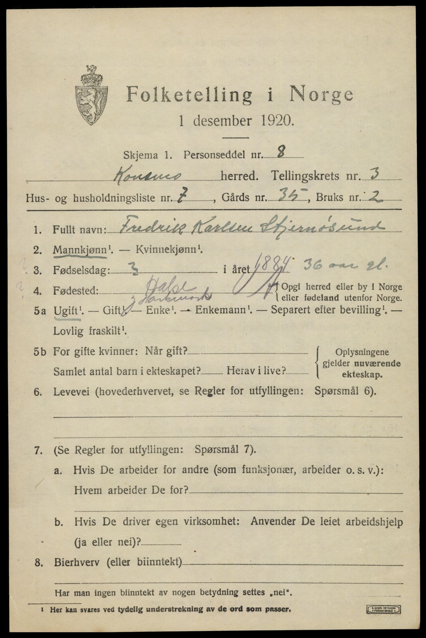 SAK, 1920 census for Konsmo, 1920, p. 1194