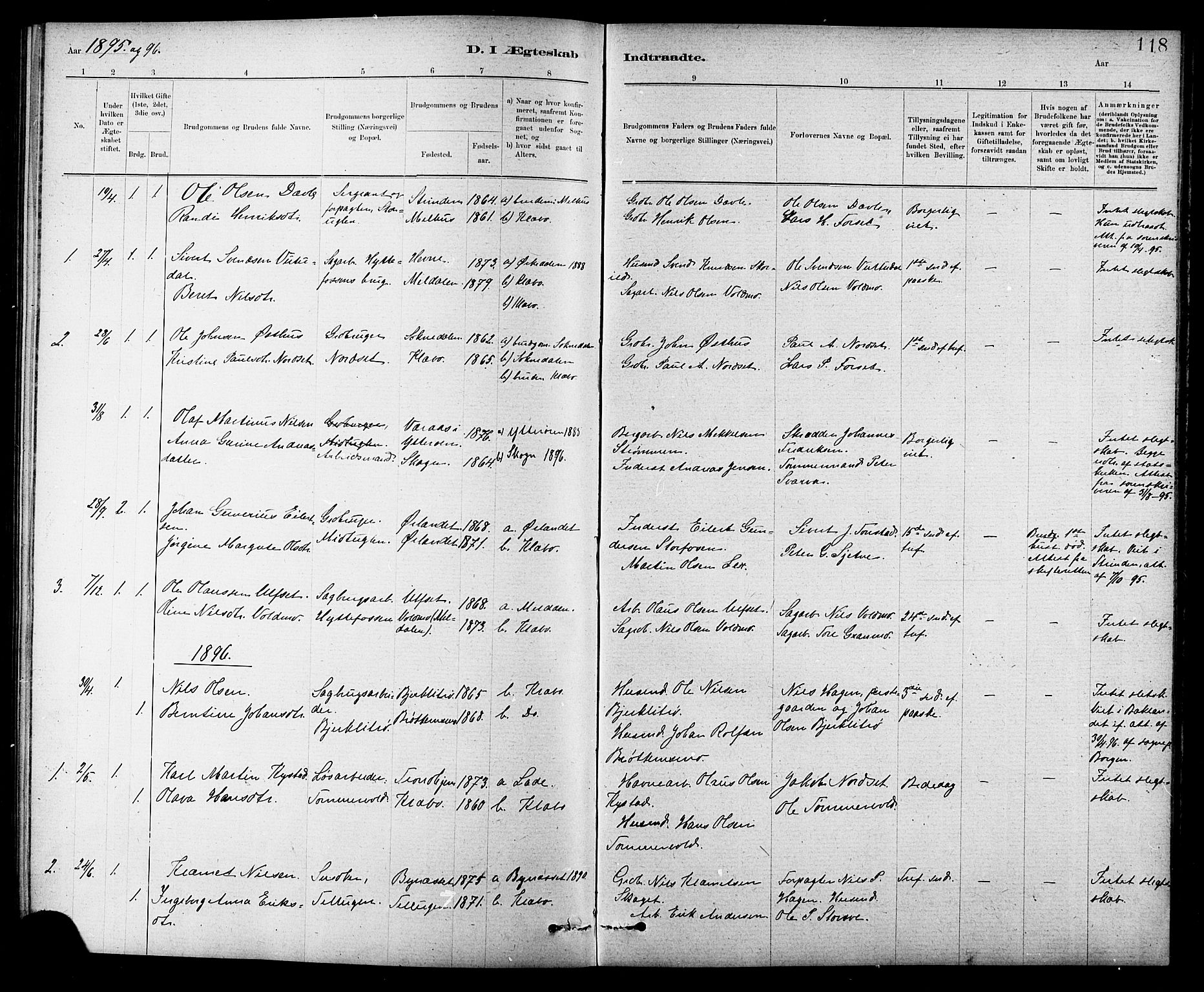 Ministerialprotokoller, klokkerbøker og fødselsregistre - Sør-Trøndelag, SAT/A-1456/618/L0452: Parish register (copy) no. 618C03, 1884-1906, p. 118