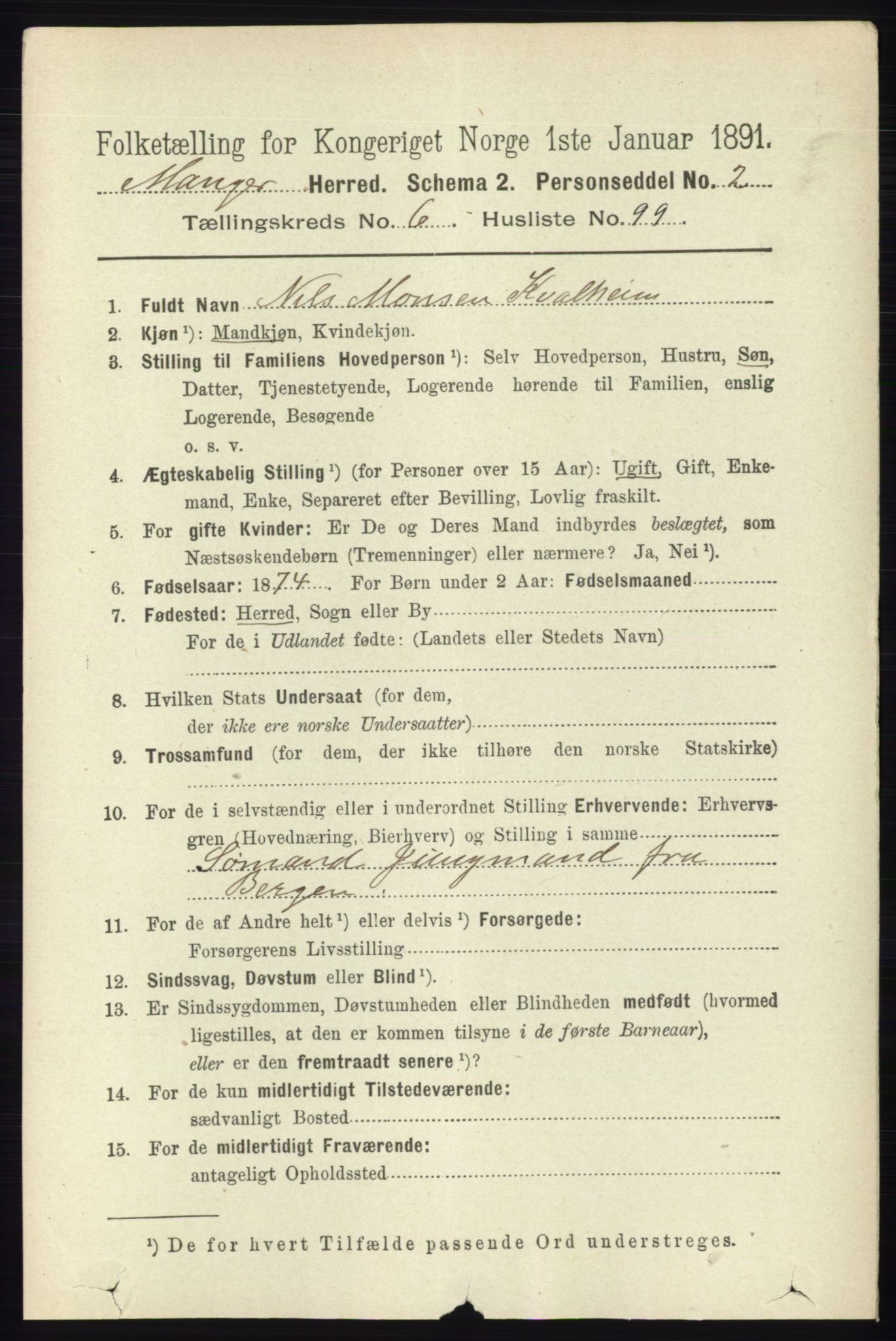 RA, 1891 census for 1261 Manger, 1891, p. 3938