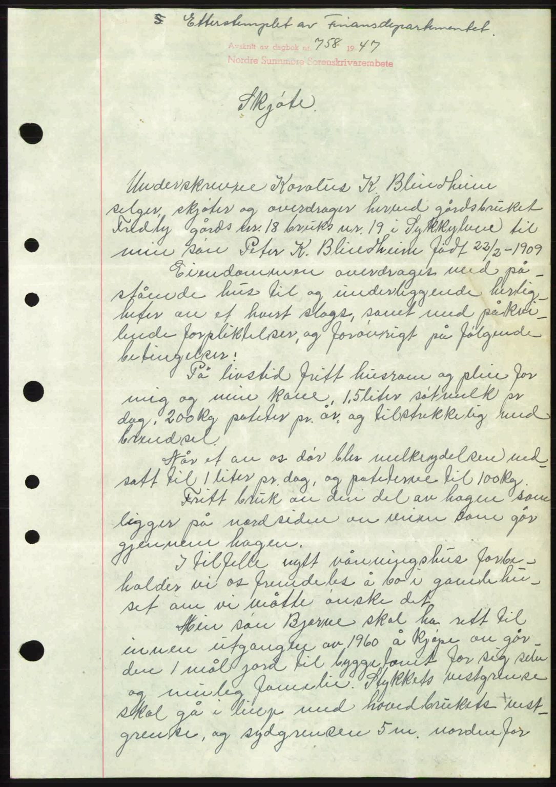 Nordre Sunnmøre sorenskriveri, AV/SAT-A-0006/1/2/2C/2Ca: Mortgage book no. A24, 1947-1947, Diary no: : 758/1947