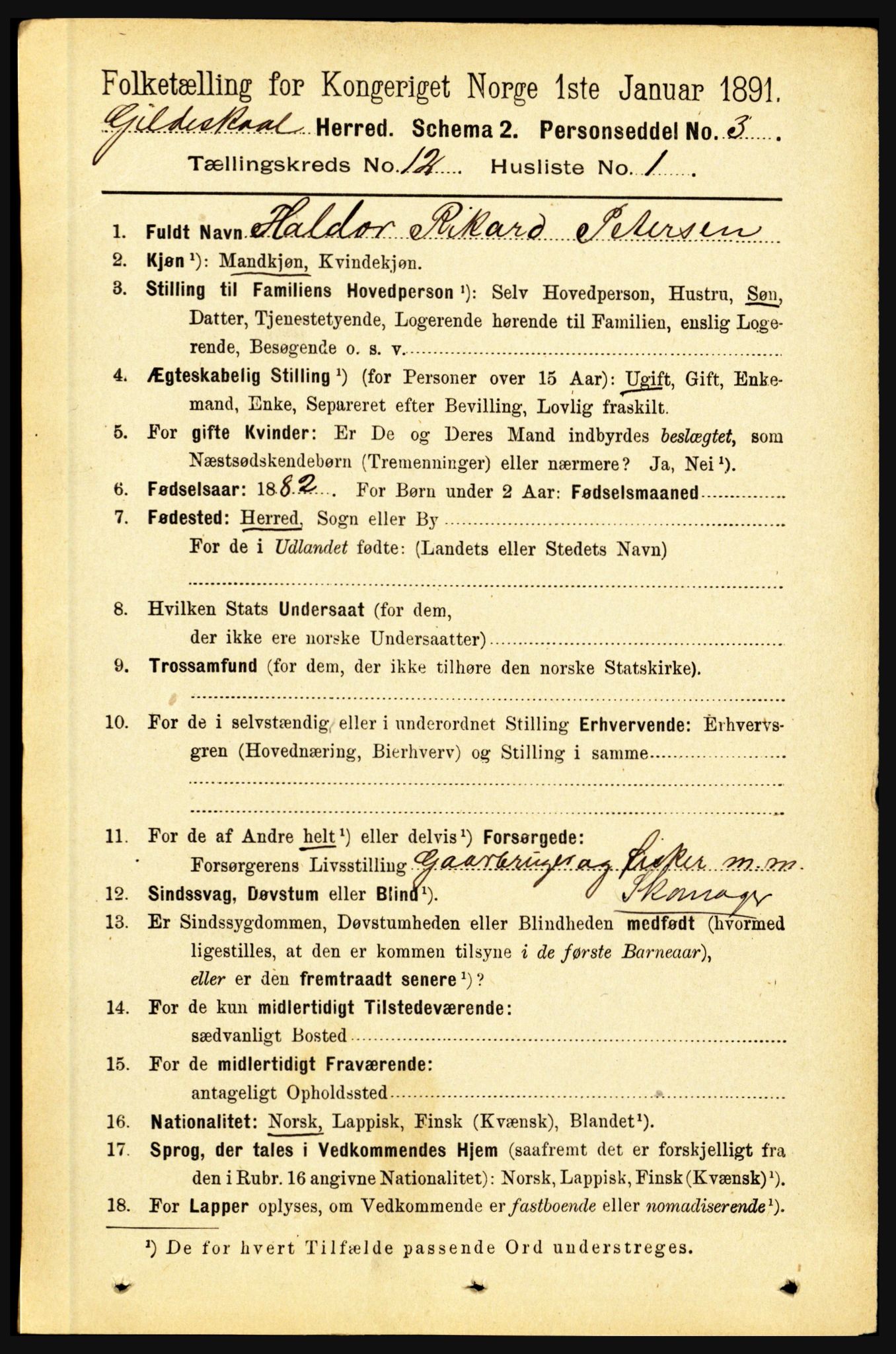 RA, 1891 census for 1838 Gildeskål, 1891, p. 3706