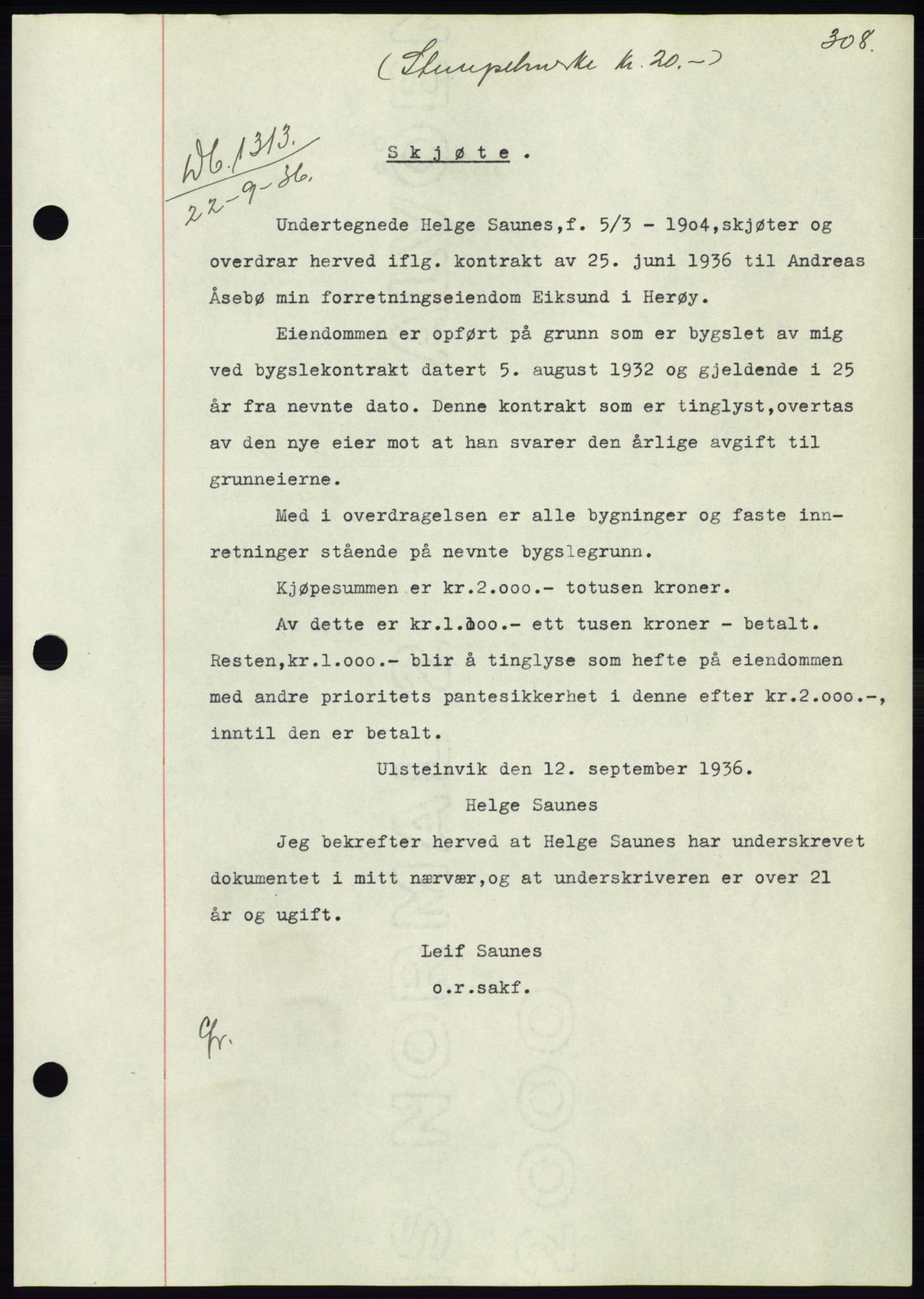 Søre Sunnmøre sorenskriveri, AV/SAT-A-4122/1/2/2C/L0061: Mortgage book no. 55, 1936-1936, Diary no: : 1313/1936