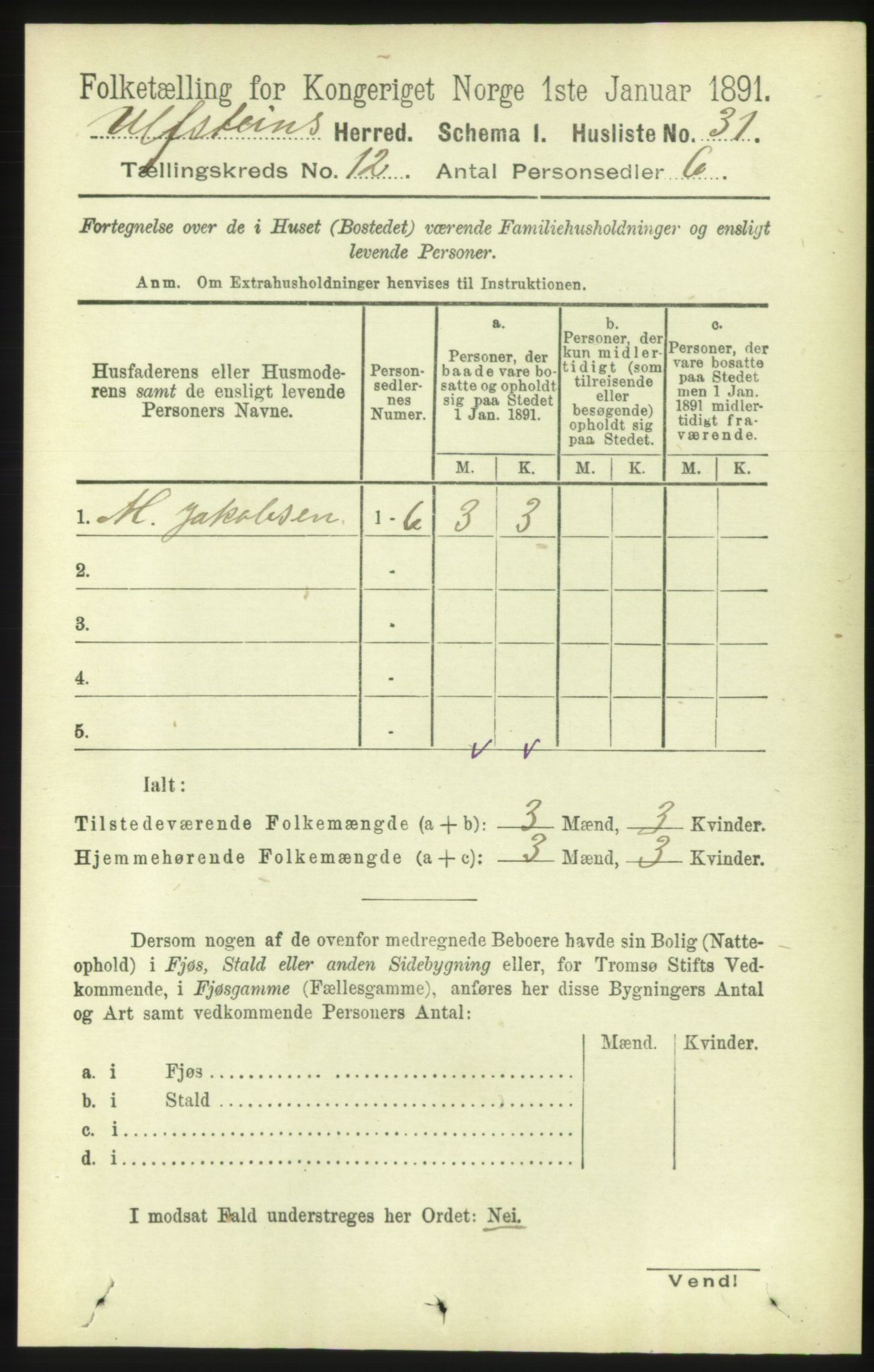 RA, 1891 census for 1516 Ulstein, 1891, p. 3835