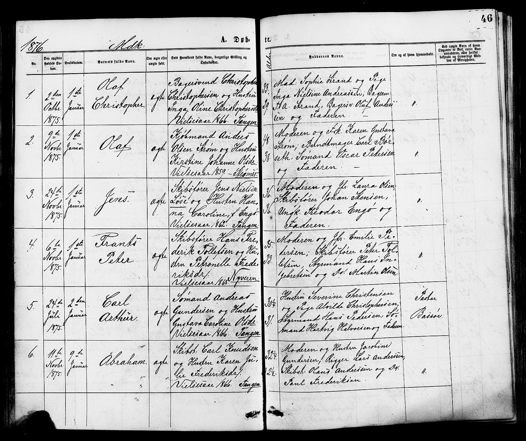 Strømsø kirkebøker, AV/SAKO-A-246/F/Fa/L0019: Parish register (official) no. I 19, 1874-1877, p. 46