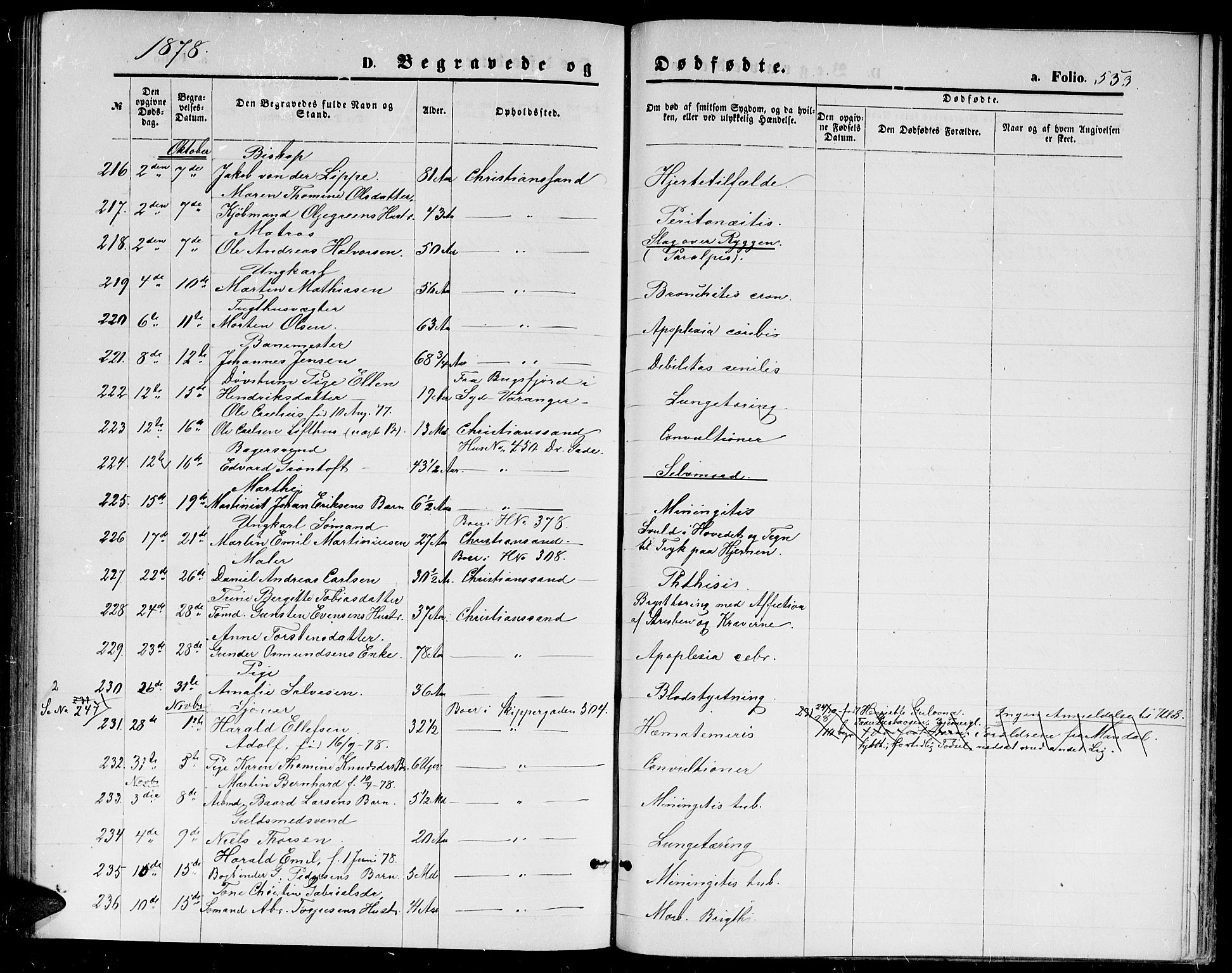 Kristiansand domprosti, SAK/1112-0006/F/Fb/L0013: Parish register (copy) no. B 13, 1871-1880, p. 553