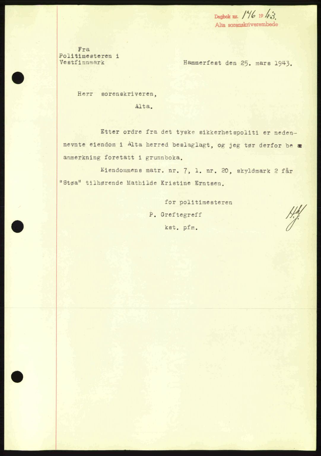 Alta fogderi/sorenskriveri, SATØ/SATØ-5/1/K/Kd/L0033pantebok: Mortgage book no. 33, 1940-1943, Diary no: : 176/1943