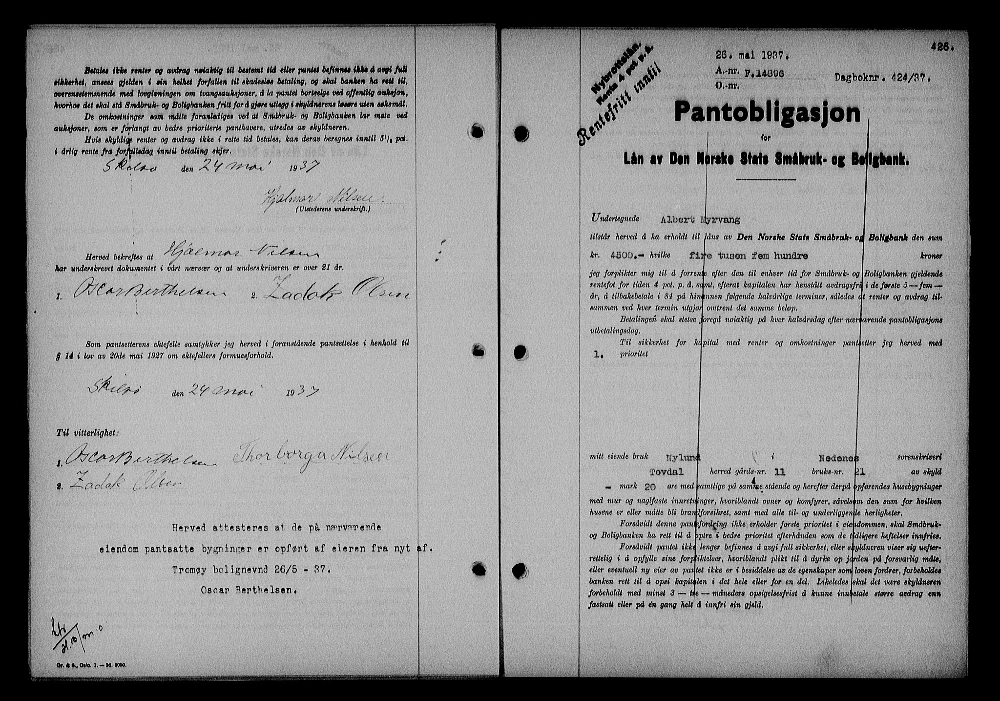 Nedenes sorenskriveri, AV/SAK-1221-0006/G/Gb/Gba/L0043: Mortgage book no. 39, 1936-1937, Diary no: : 424/1937