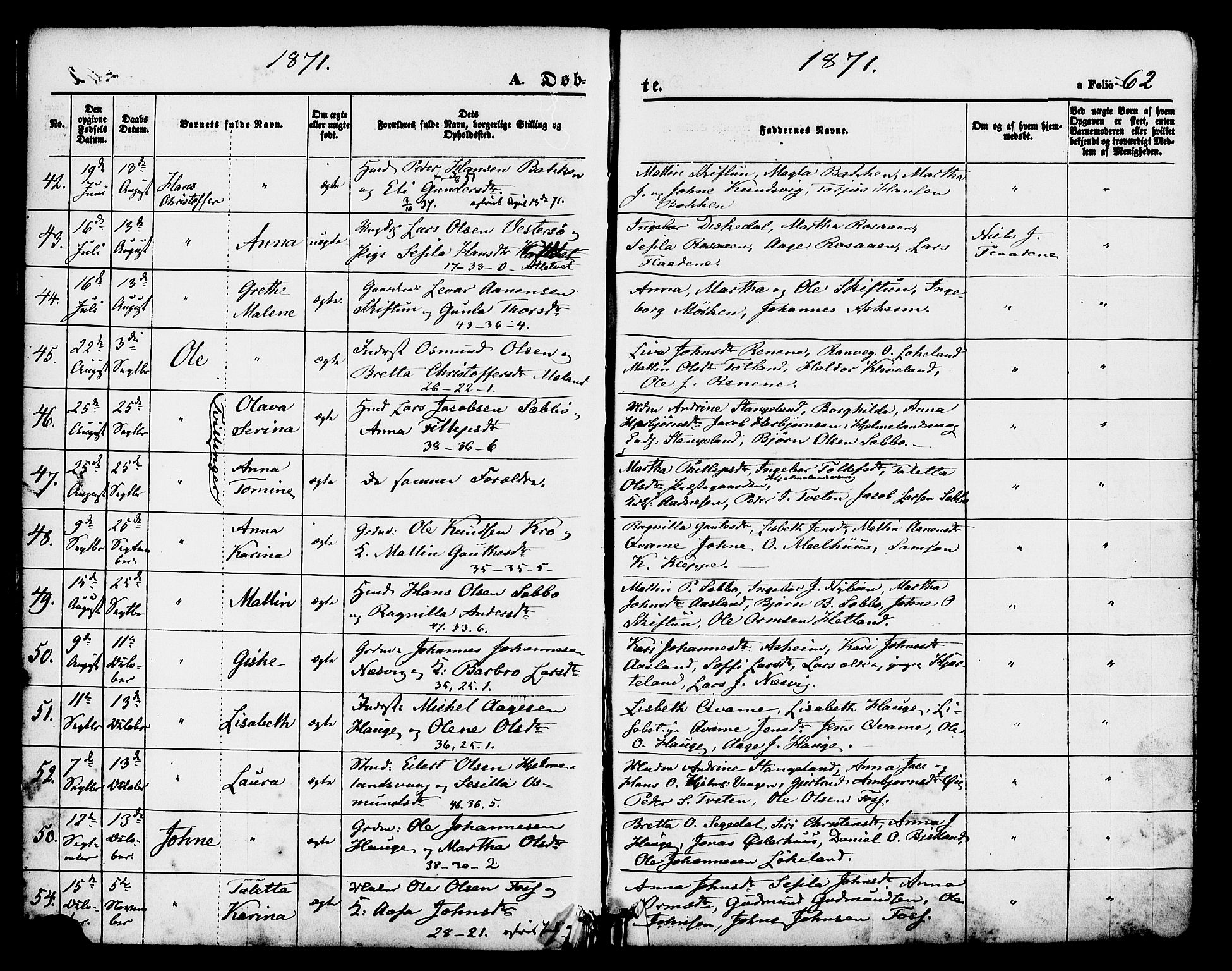 Hjelmeland sokneprestkontor, AV/SAST-A-101843/01/IV/L0011: Parish register (official) no. A 11, 1861-1878, p. 62