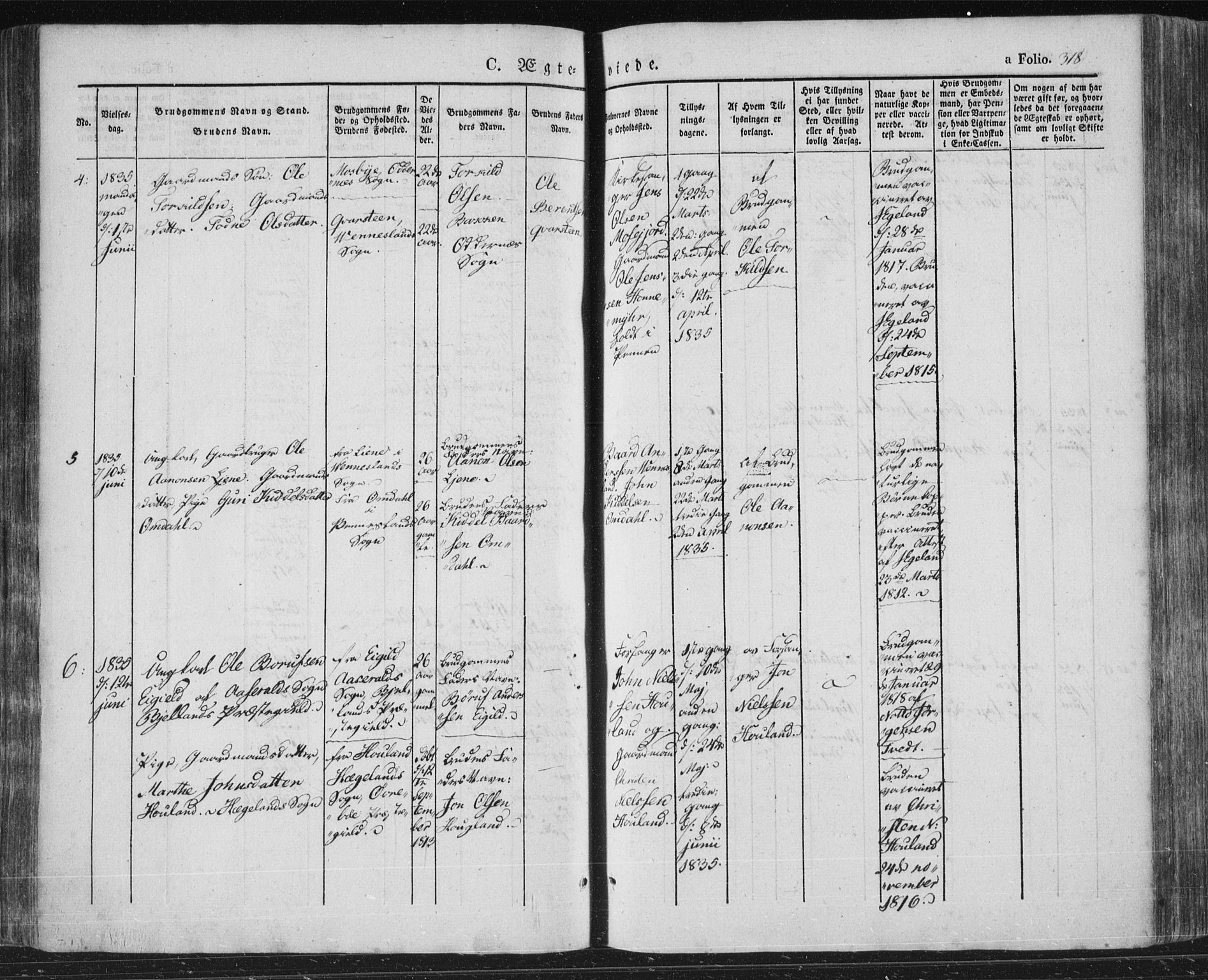 Vennesla sokneprestkontor, AV/SAK-1111-0045/Fa/Fac/L0004: Parish register (official) no. A 4, 1834-1855, p. 318