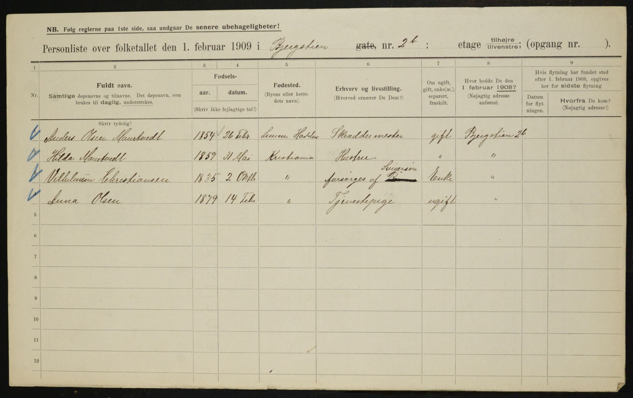 OBA, Municipal Census 1909 for Kristiania, 1909, p. 3987