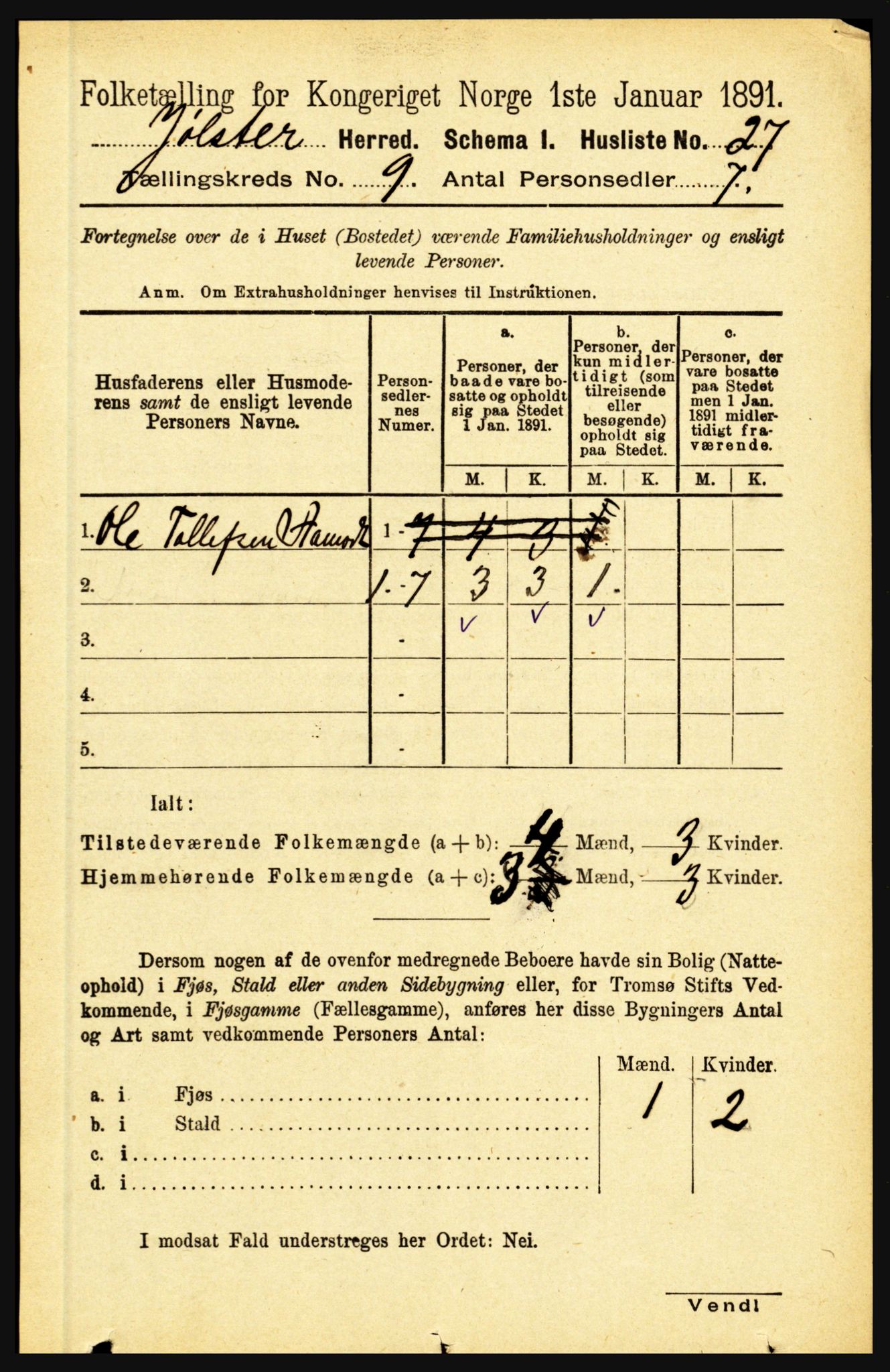 RA, 1891 census for 1431 Jølster, 1891, p. 3119