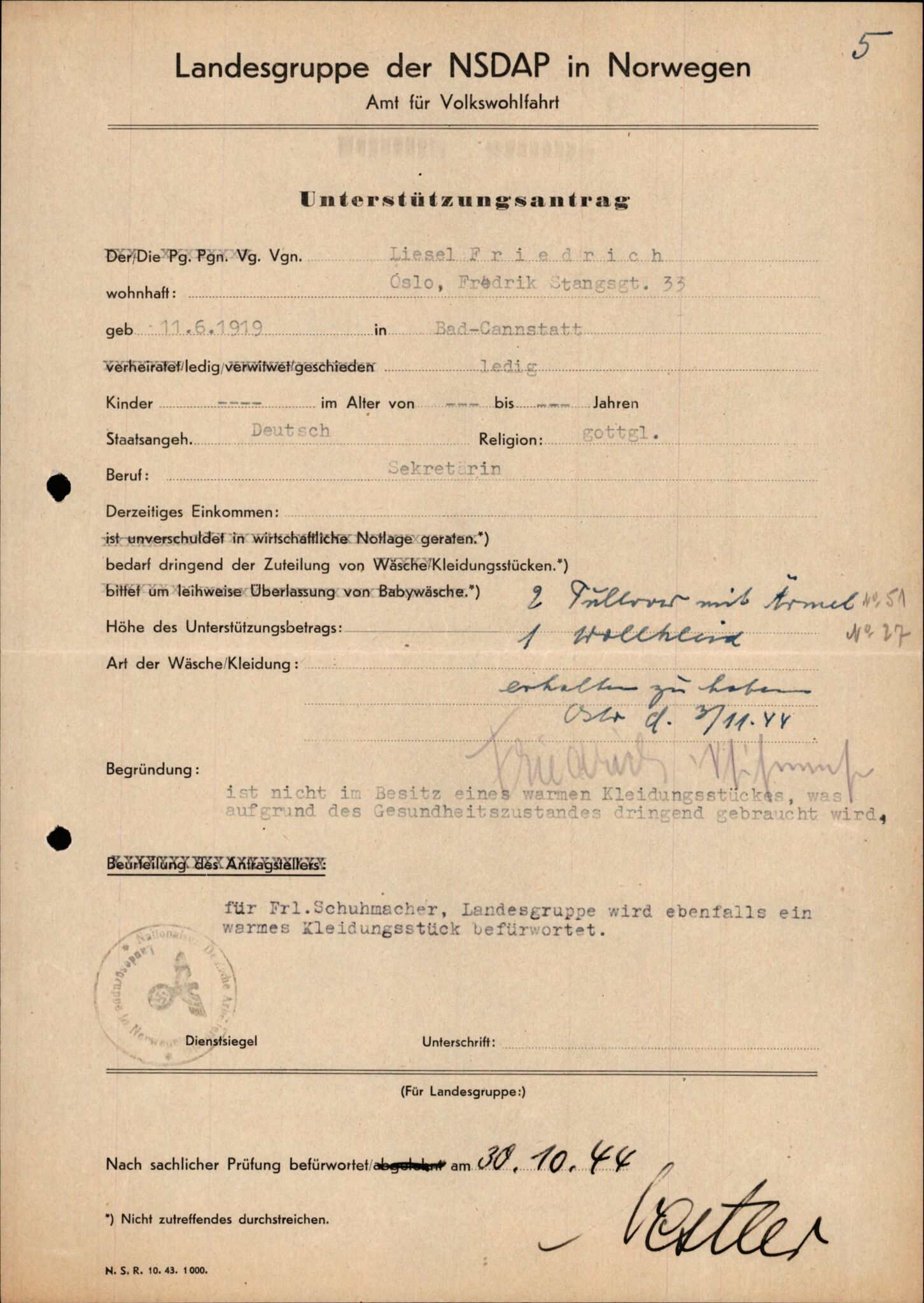 Forsvarets Overkommando. 2 kontor. Arkiv 11.4. Spredte tyske arkivsaker, AV/RA-RAFA-7031/D/Dar/Darb/L0015: Reichskommissariat - NSDAP in Norwegen, 1938-1945, p. 683