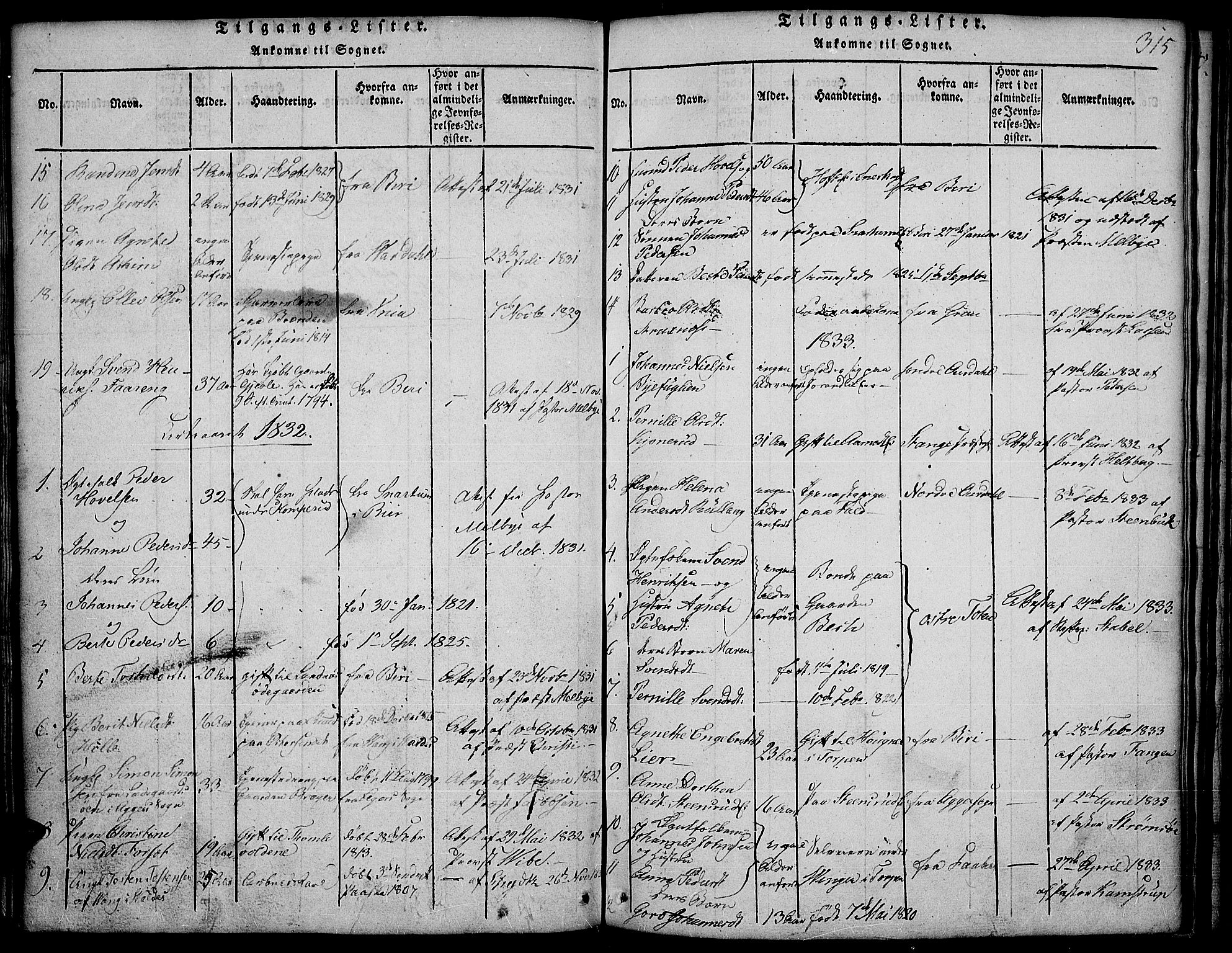 Land prestekontor, SAH/PREST-120/H/Ha/Hab/L0001: Parish register (copy) no. 1, 1814-1833, p. 315
