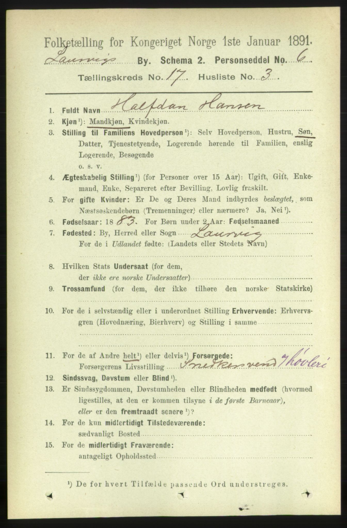 RA, 1891 census for 0707 Larvik, 1891, p. 12351