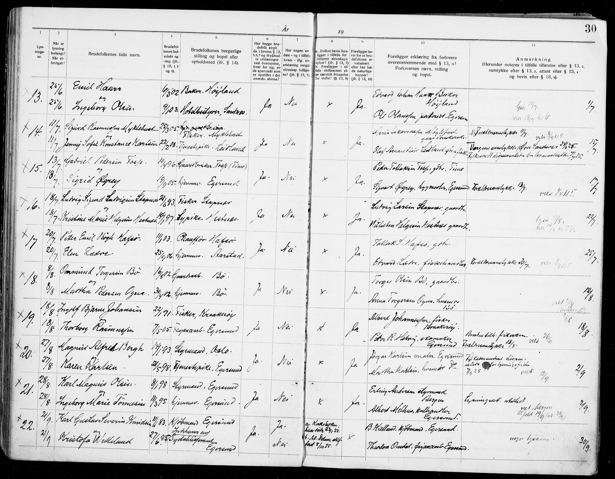 Eigersund sokneprestkontor, AV/SAST-A-101807/S27/L0003: Banns register no. 3, 1919-1939, p. 30