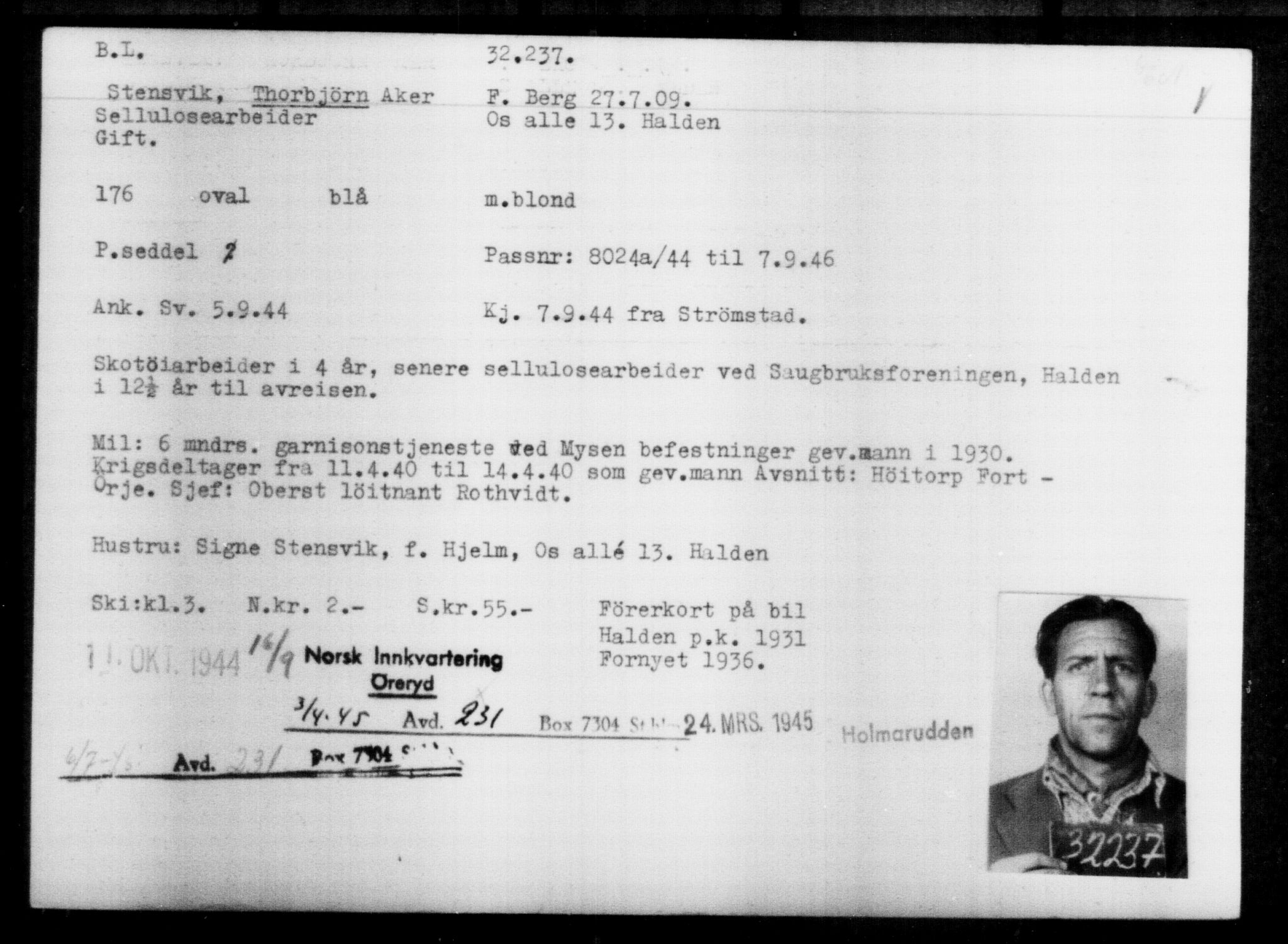 Utenriksstasjonene, Legasjonen i Stockholm, Flyktningkontoret, AV/RA-S-6753/V/Va/L0013: Kjesäterkartoteket, flyktninger med registreringsnr. 31500-34731, 1940-1945, p. 785