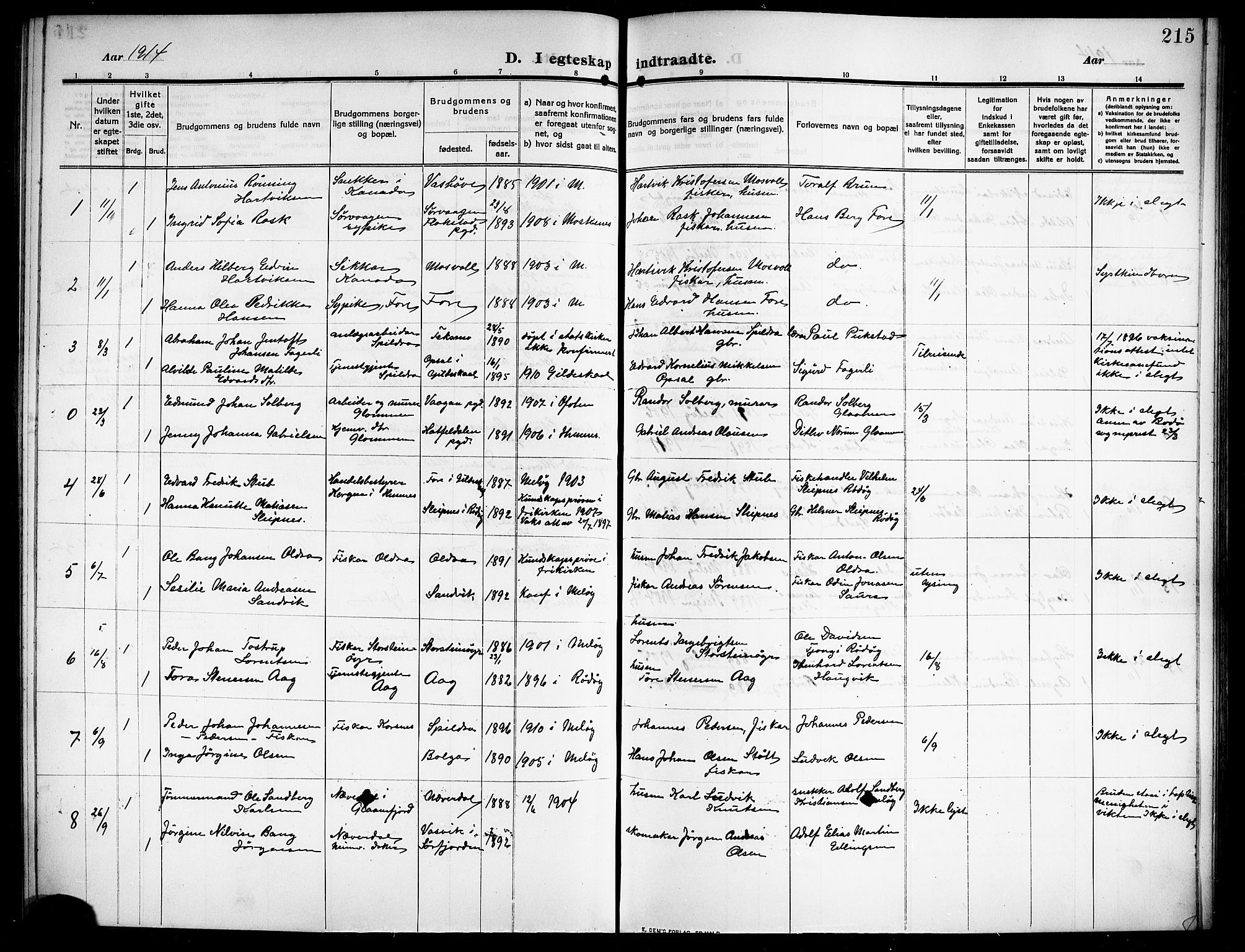 Ministerialprotokoller, klokkerbøker og fødselsregistre - Nordland, SAT/A-1459/843/L0639: Parish register (copy) no. 843C08, 1908-1924, p. 215