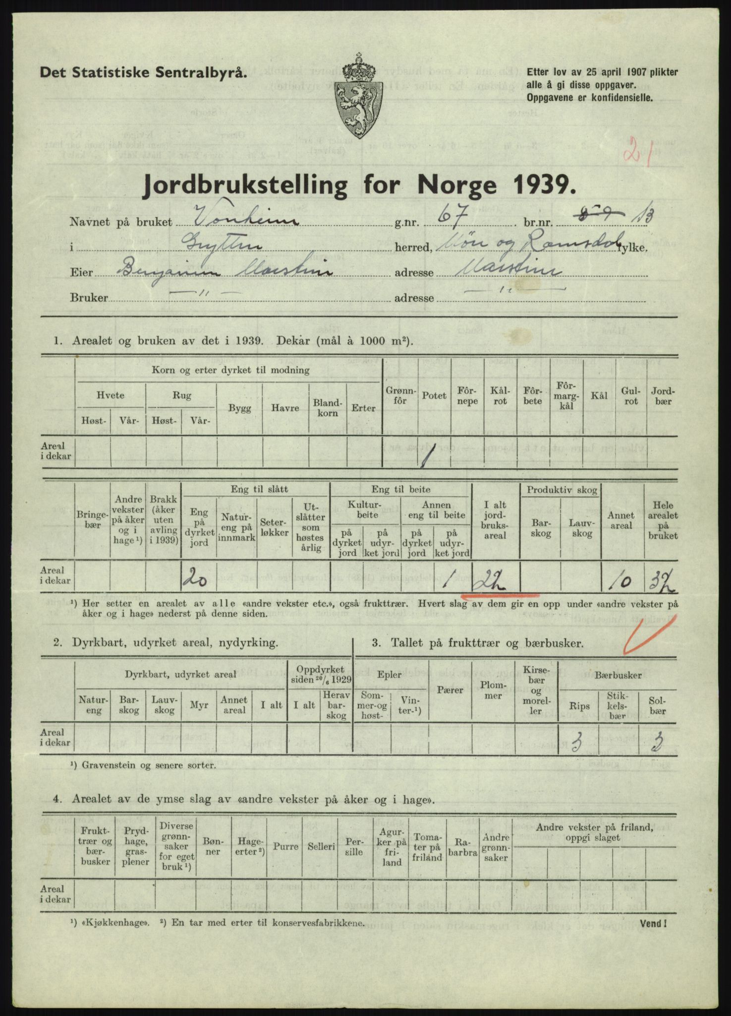 Statistisk sentralbyrå, Næringsøkonomiske emner, Jordbruk, skogbruk, jakt, fiske og fangst, AV/RA-S-2234/G/Gb/L0251: Møre og Romsdal: Voll, Eid, Grytten og Hen, 1939, p. 655