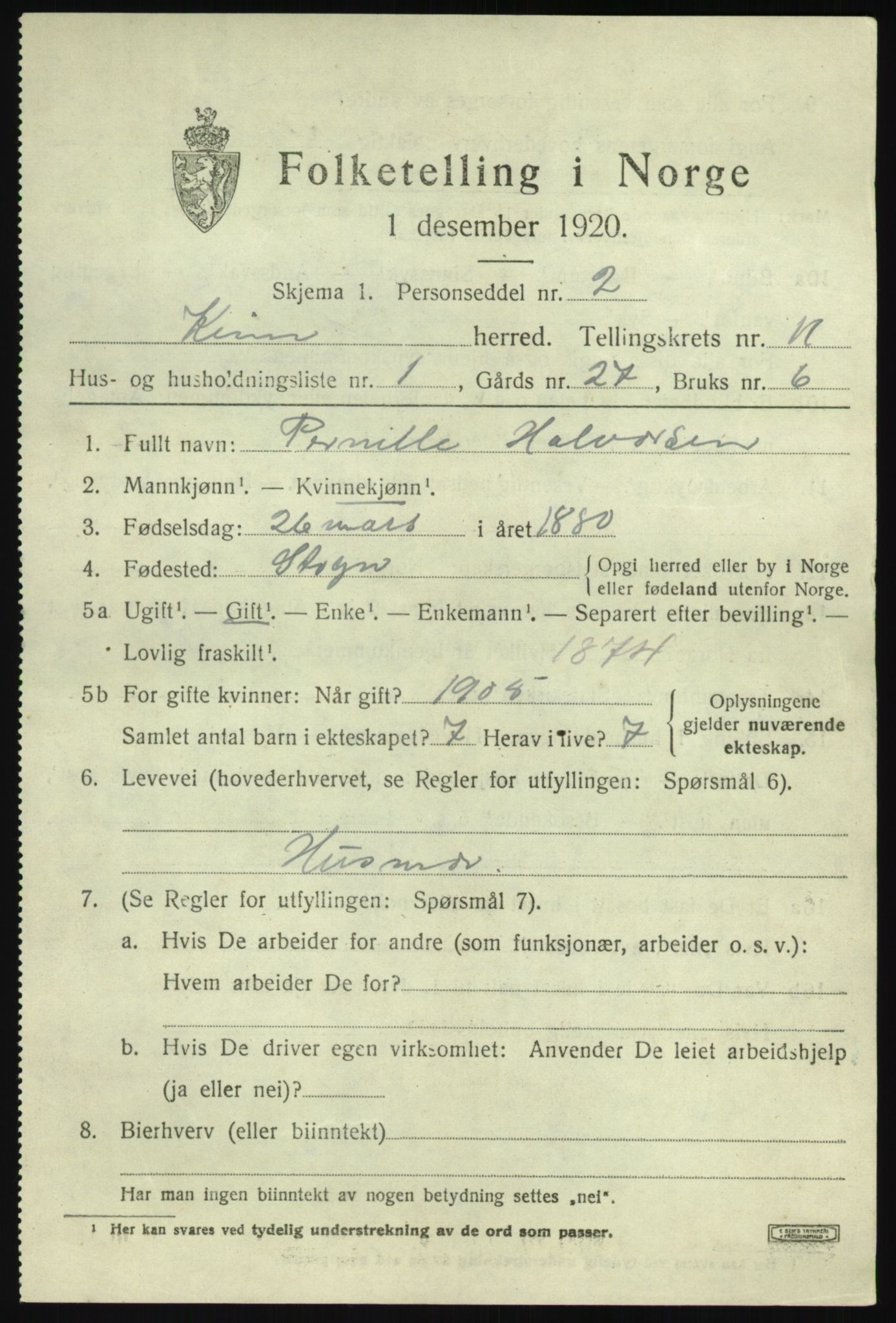 SAB, 1920 census for Kinn, 1920, p. 3681