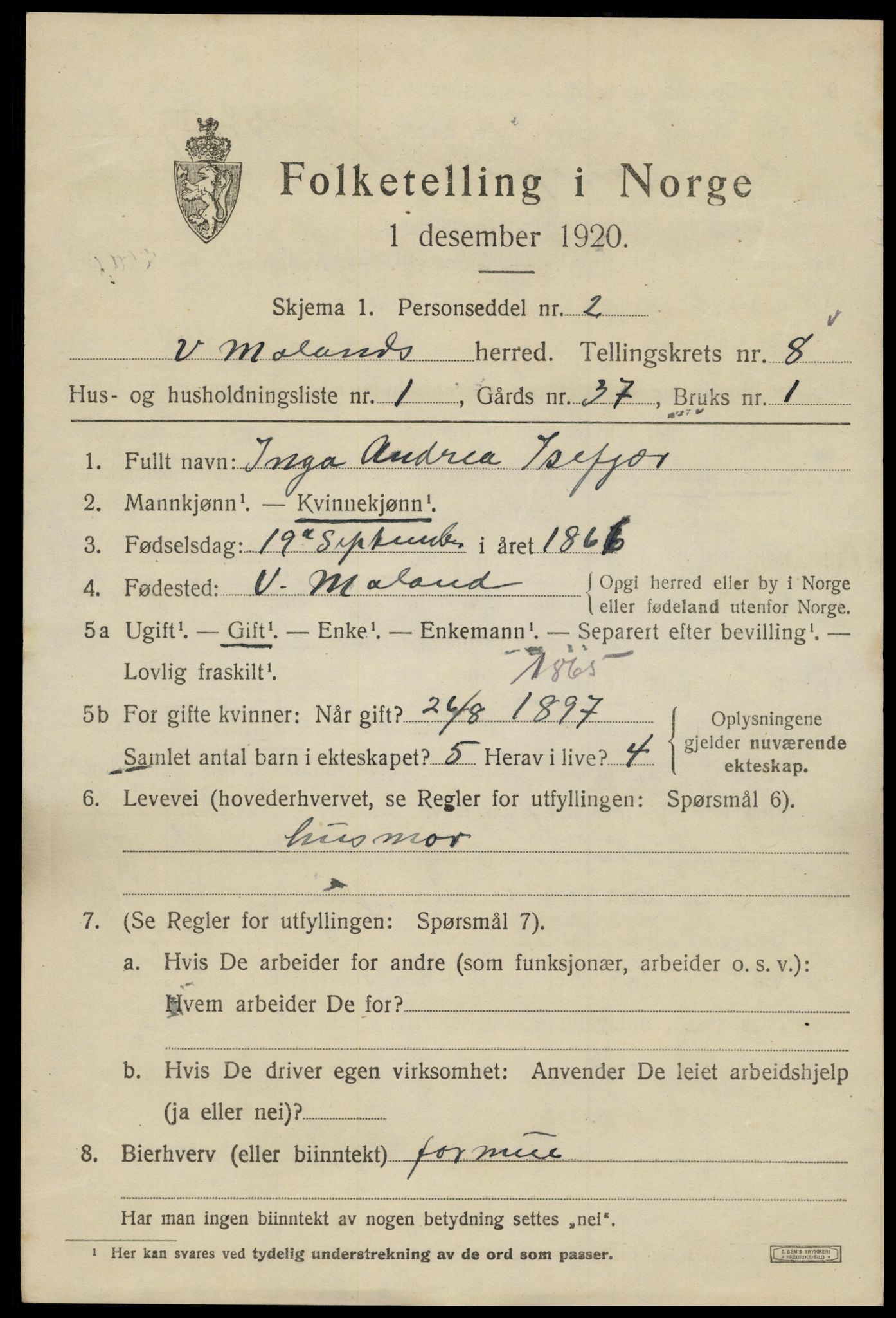 SAK, 1920 census for Vestre Moland, 1920, p. 5219