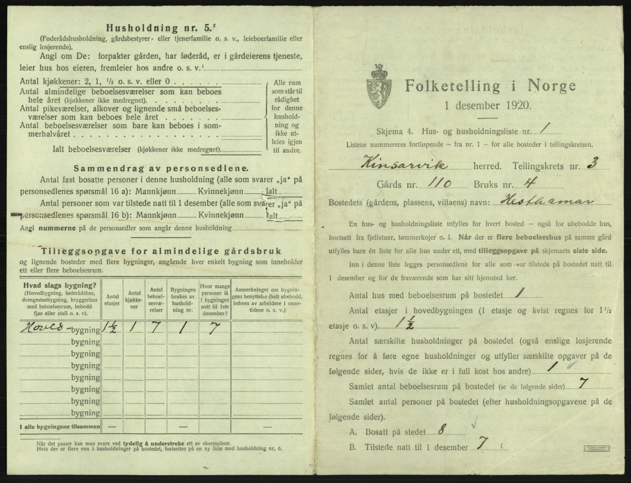 SAB, 1920 census for Kinsarvik, 1920, p. 221