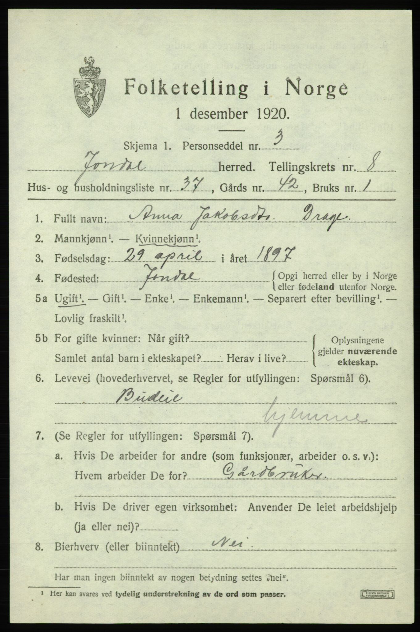 SAB, 1920 census for Jondal, 1920, p. 4620