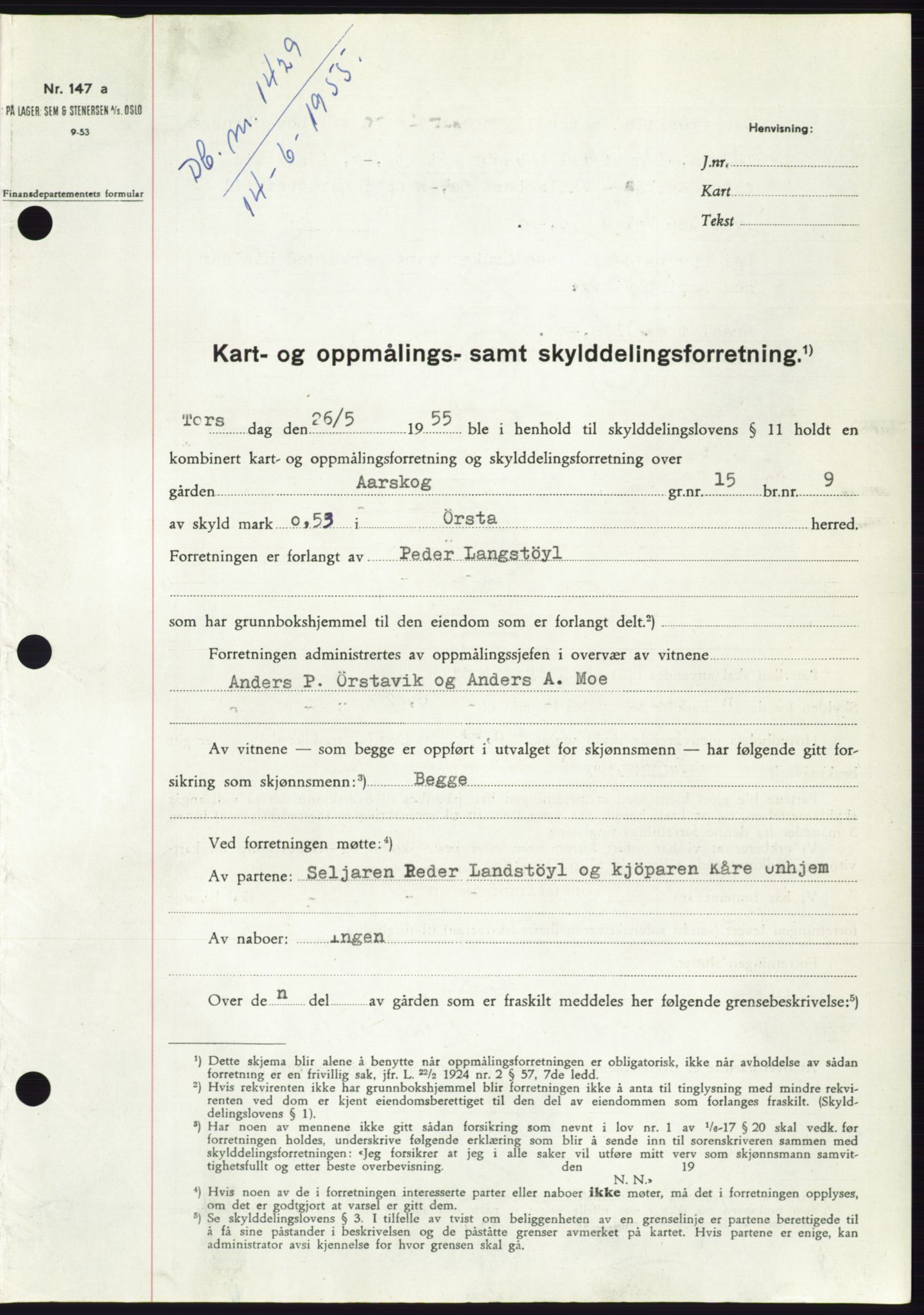 Søre Sunnmøre sorenskriveri, AV/SAT-A-4122/1/2/2C/L0101: Mortgage book no. 27A, 1955-1955, Diary no: : 1429/1955