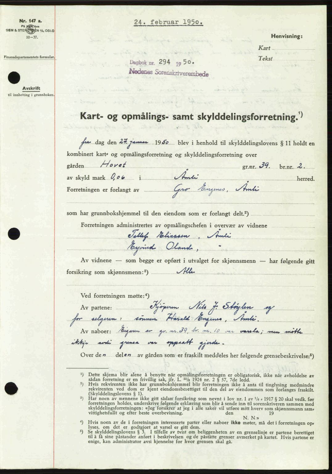 Nedenes sorenskriveri, AV/SAK-1221-0006/G/Gb/Gba/L0062: Mortgage book no. A14, 1949-1950, Diary no: : 294/1950