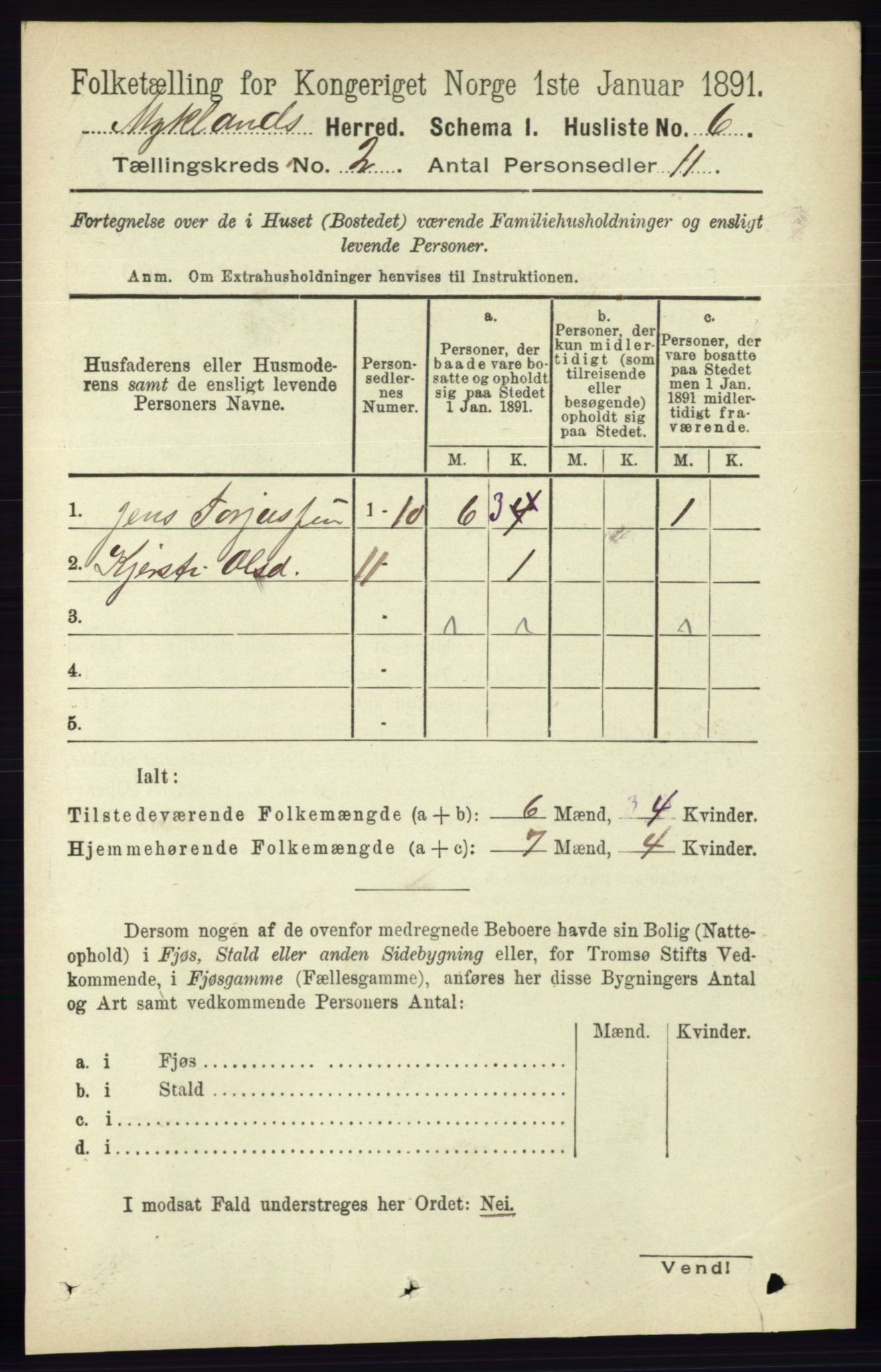 RA, 1891 census for 0932 Mykland, 1891, p. 281