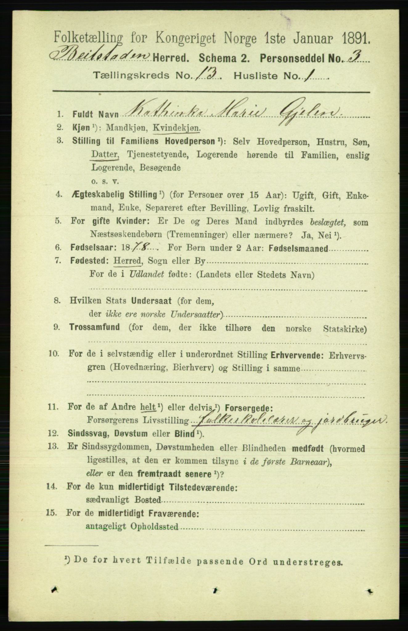 RA, 1891 census for 1727 Beitstad, 1891, p. 3603