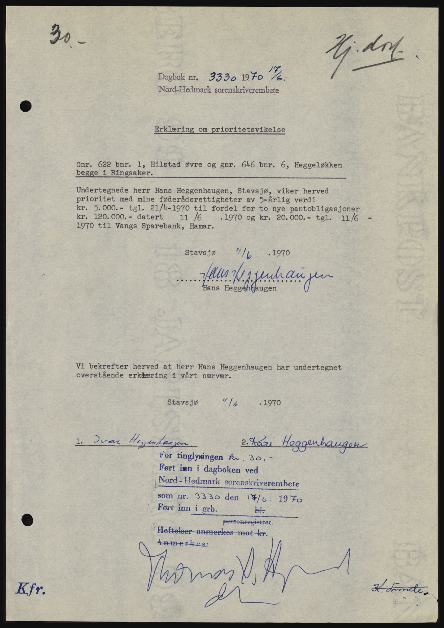 Nord-Hedmark sorenskriveri, SAH/TING-012/H/Hc/L0033: Mortgage book no. 33, 1970-1970, Diary no: : 3330/1970