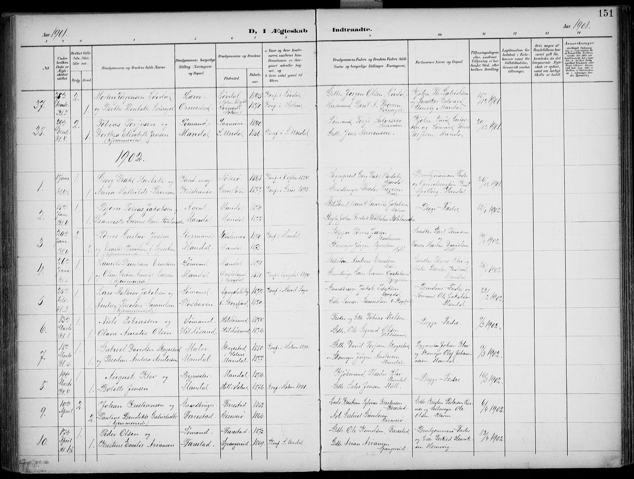 Mandal sokneprestkontor, AV/SAK-1111-0030/F/Fb/Fba/L0012: Parish register (copy) no. B 6, 1899-1918, p. 151