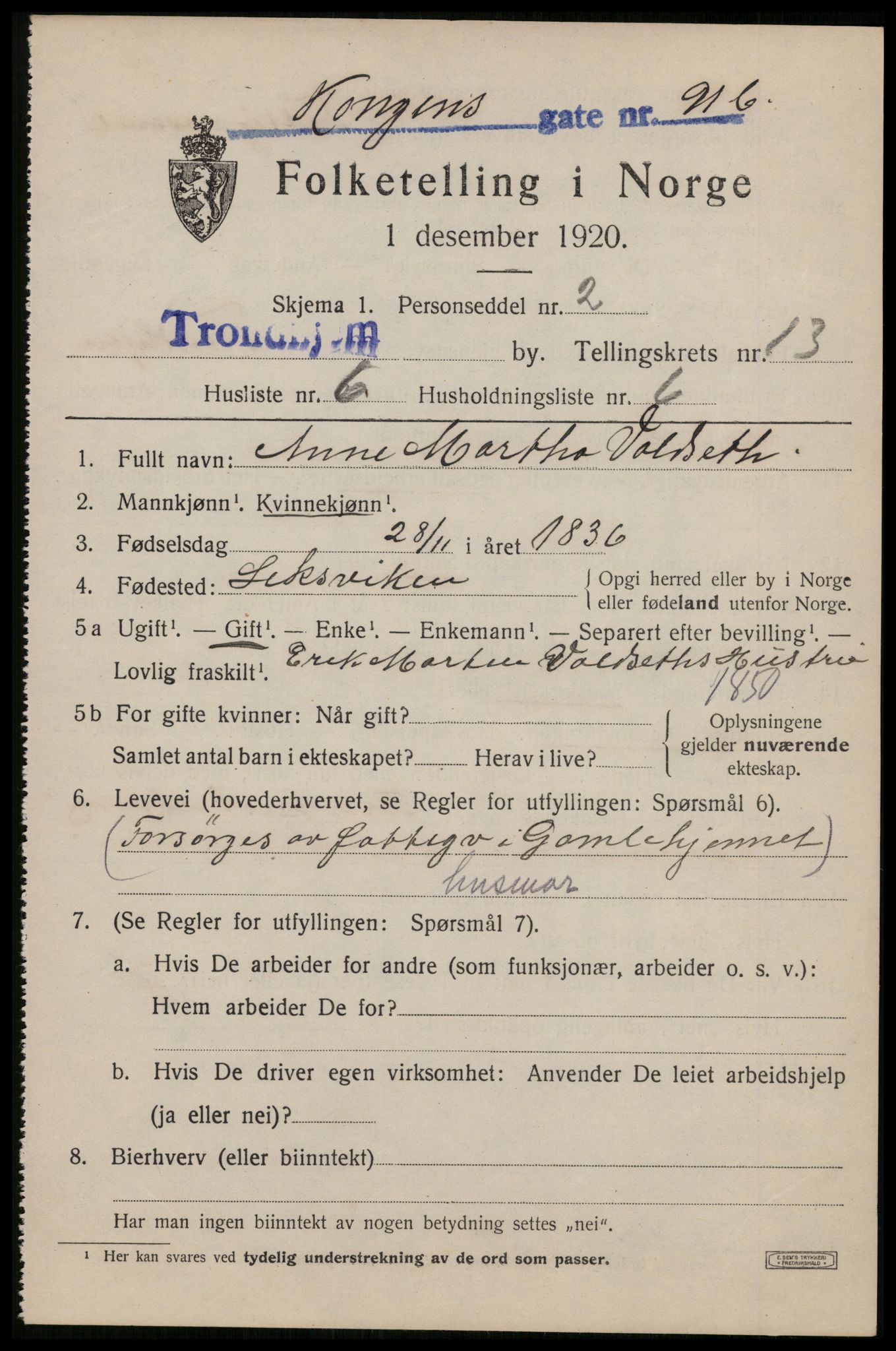 SAT, 1920 census for Trondheim, 1920, p. 49394
