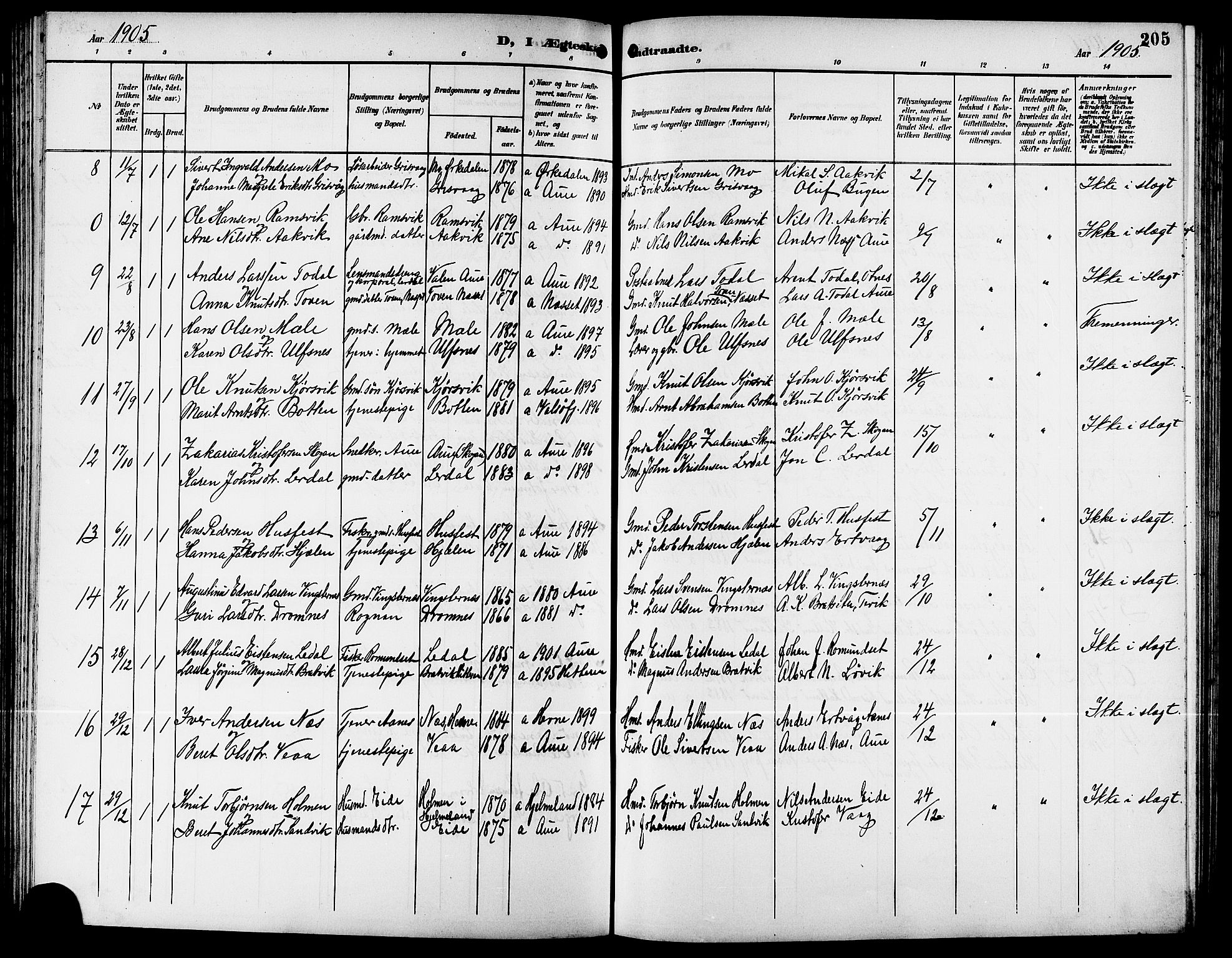 Ministerialprotokoller, klokkerbøker og fødselsregistre - Møre og Romsdal, AV/SAT-A-1454/578/L0910: Parish register (copy) no. 578C03, 1900-1921, p. 205