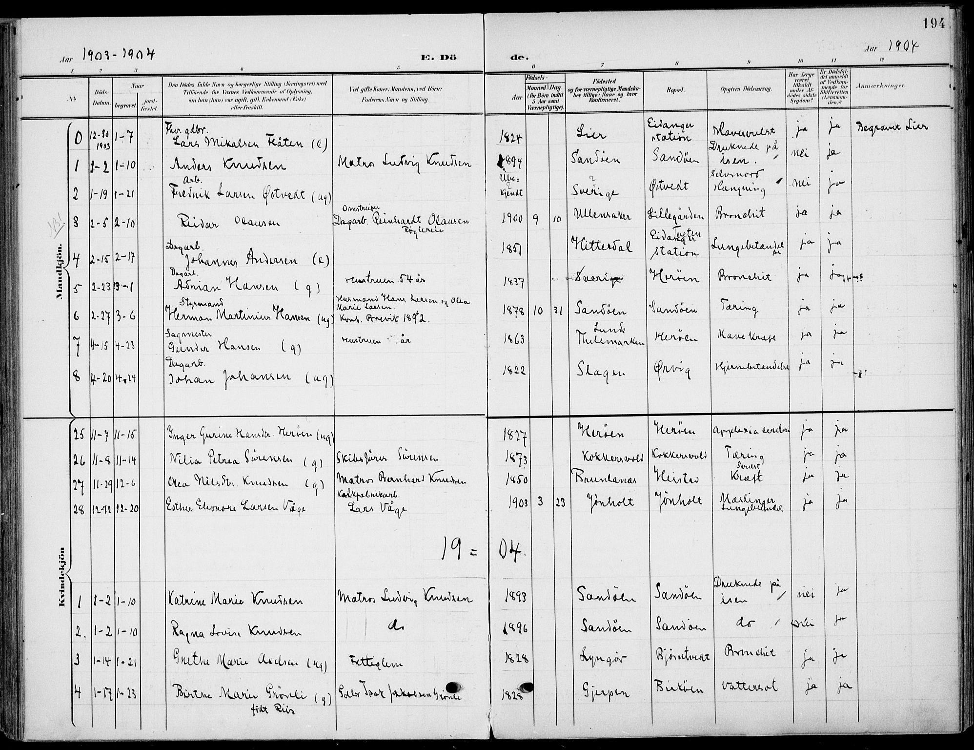 Eidanger kirkebøker, SAKO/A-261/F/Fa/L0013: Parish register (official) no. 13, 1900-1913, p. 194
